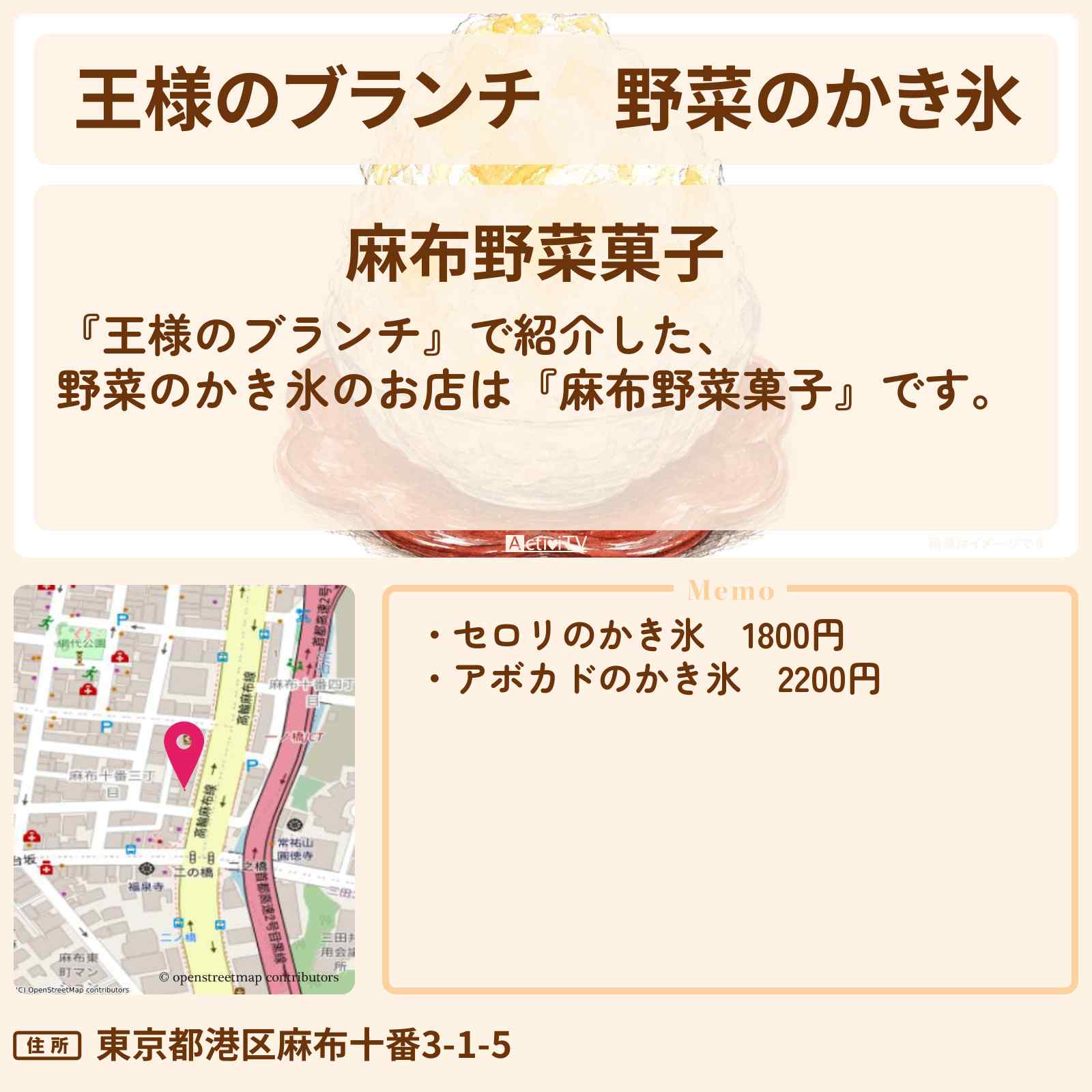【王様のブランチ】野菜のかき氷『麻布野菜菓子』のお店〔ランキンリサーチ〕