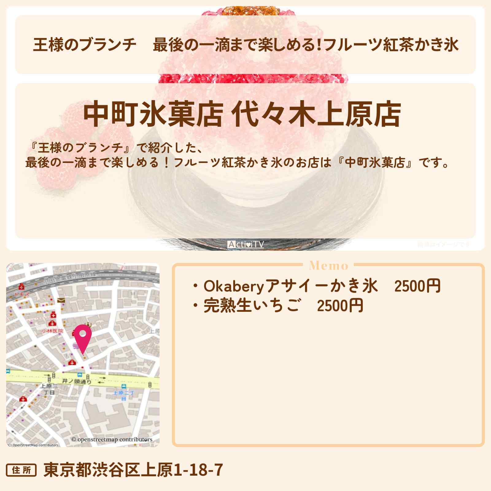 【王様のブランチ】最後の一滴まで楽しめる!フルーツ紅茶かき氷『中町氷菓店』代々木上原のお店〔ランキンリサーチ〕