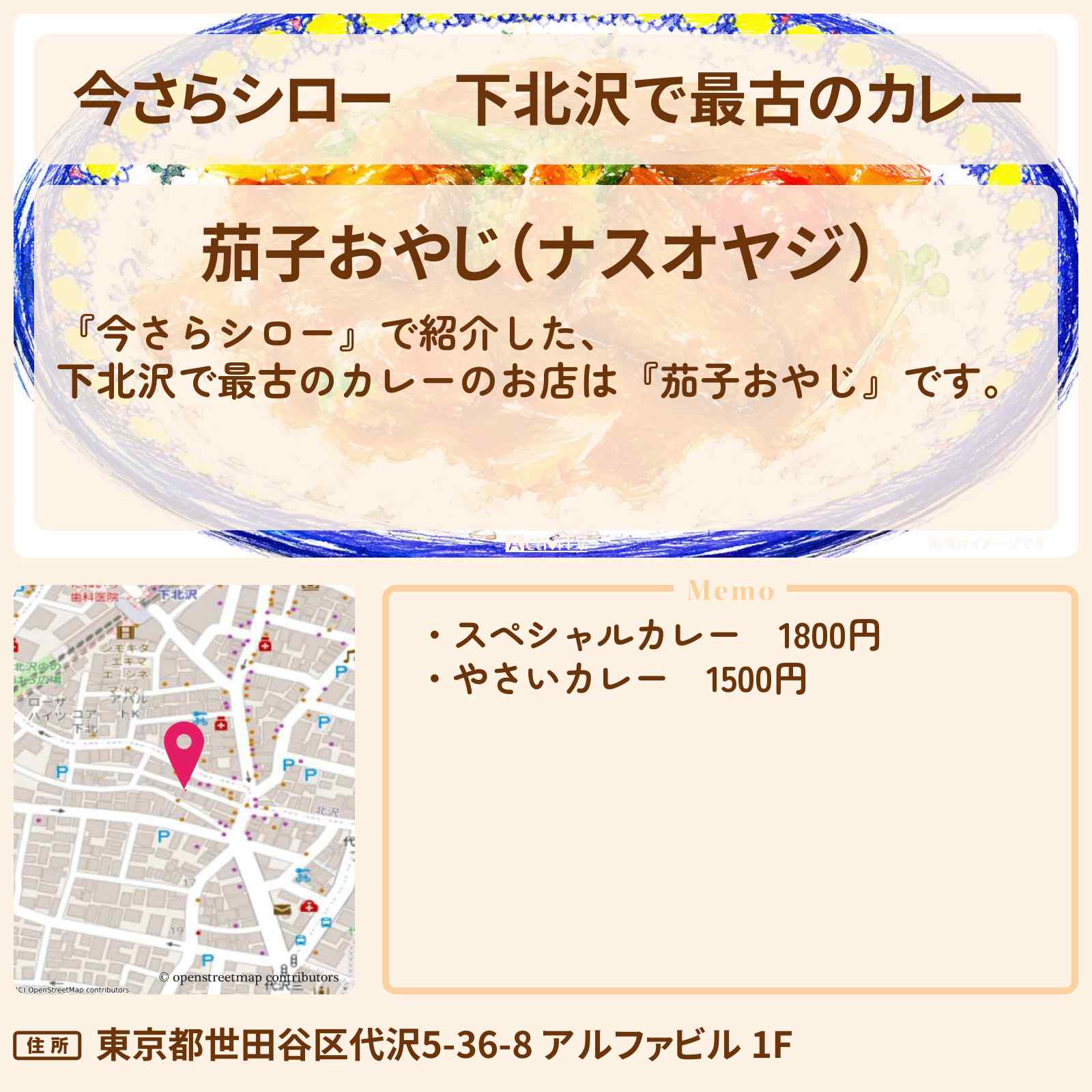 【今さらシロー】下北沢で最古のカレー『茄子おやじ』のお店情報〔中島歩・岡田准一・ロバート秋山〕