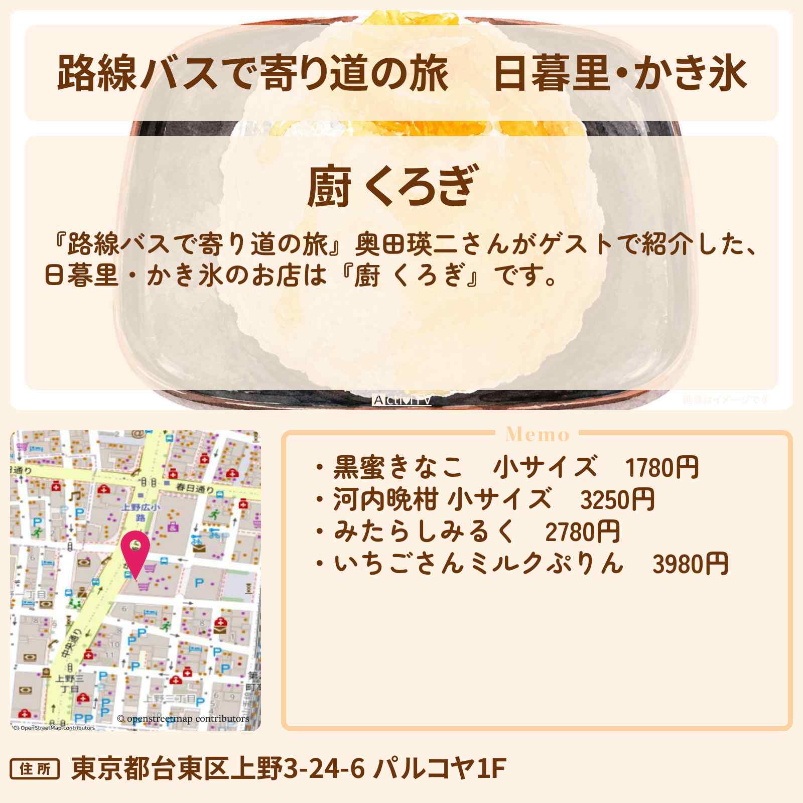 【路線バスで寄り道の旅】日暮里・かき氷『廚 くろぎ』のお店の場所〔奥田瑛二〕