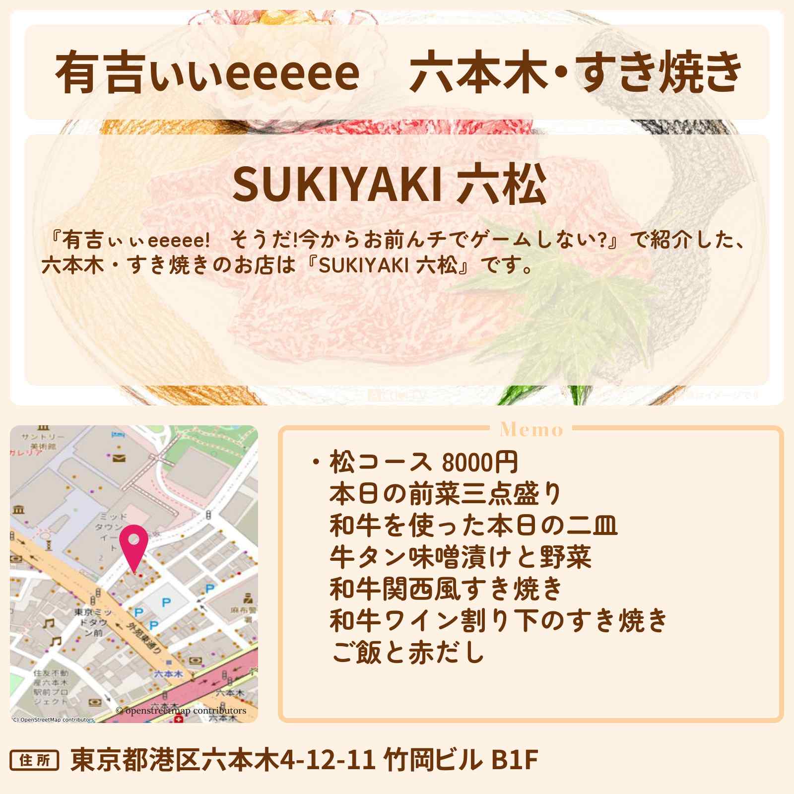 【有吉ぃぃeeeee】六本木・すき焼き『SUKIYAKI 六松』のロケ地のお店〔深澤辰哉・平尾帆夏・日向坂46〕