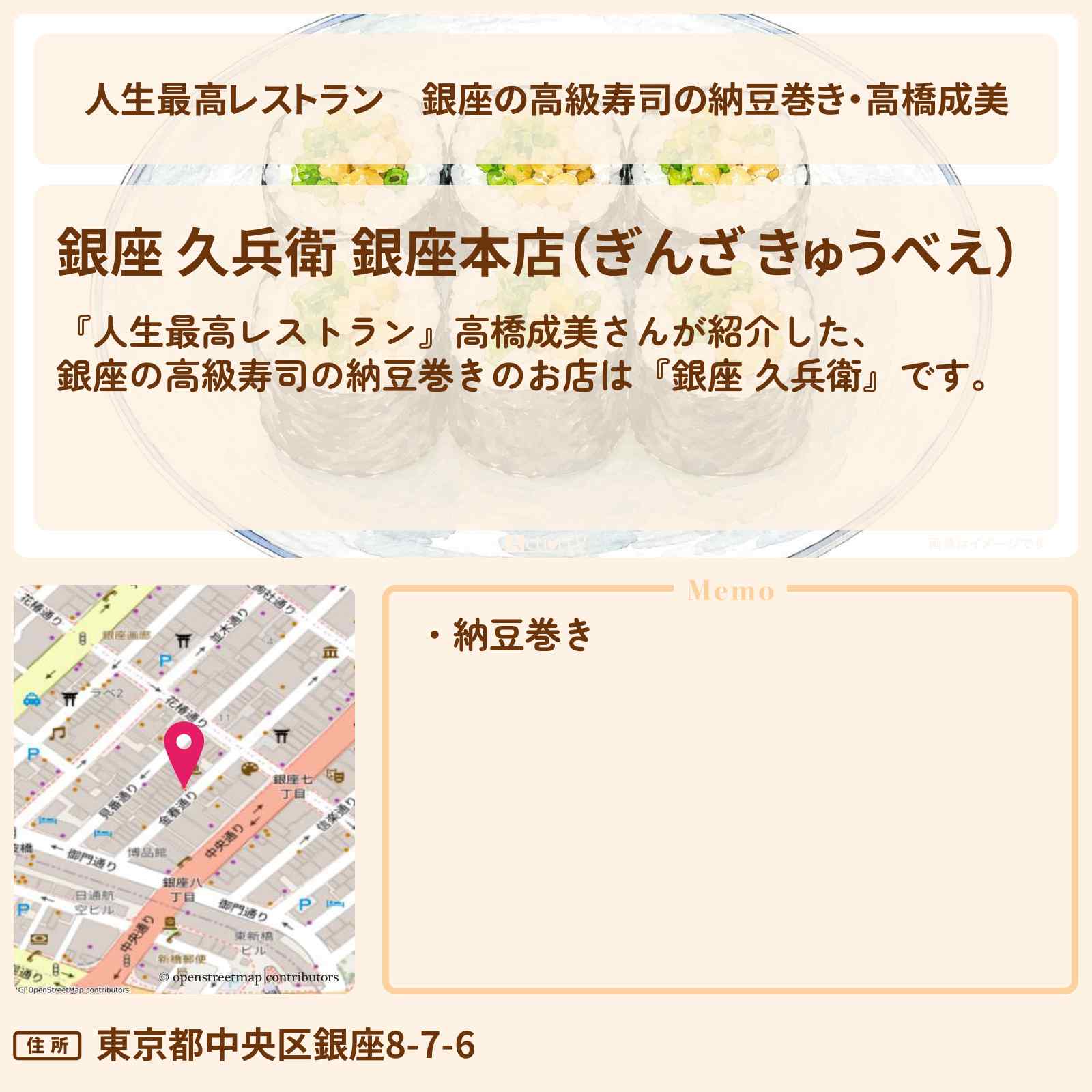 【人生最高レストラン】銀座の高級寿司の納豆巻き・高橋成美『銀座 久兵衛』のお店の場所