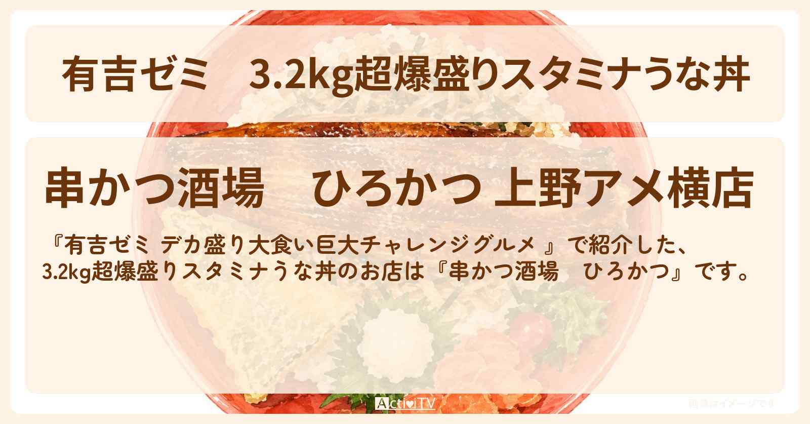 3.2kg超爆盛りスタミナうな丼『串かつ酒場 ひろかつ』上野のお店の場所「ギャル曽根 vs チャレンジグルメ」2026/8/10放送
