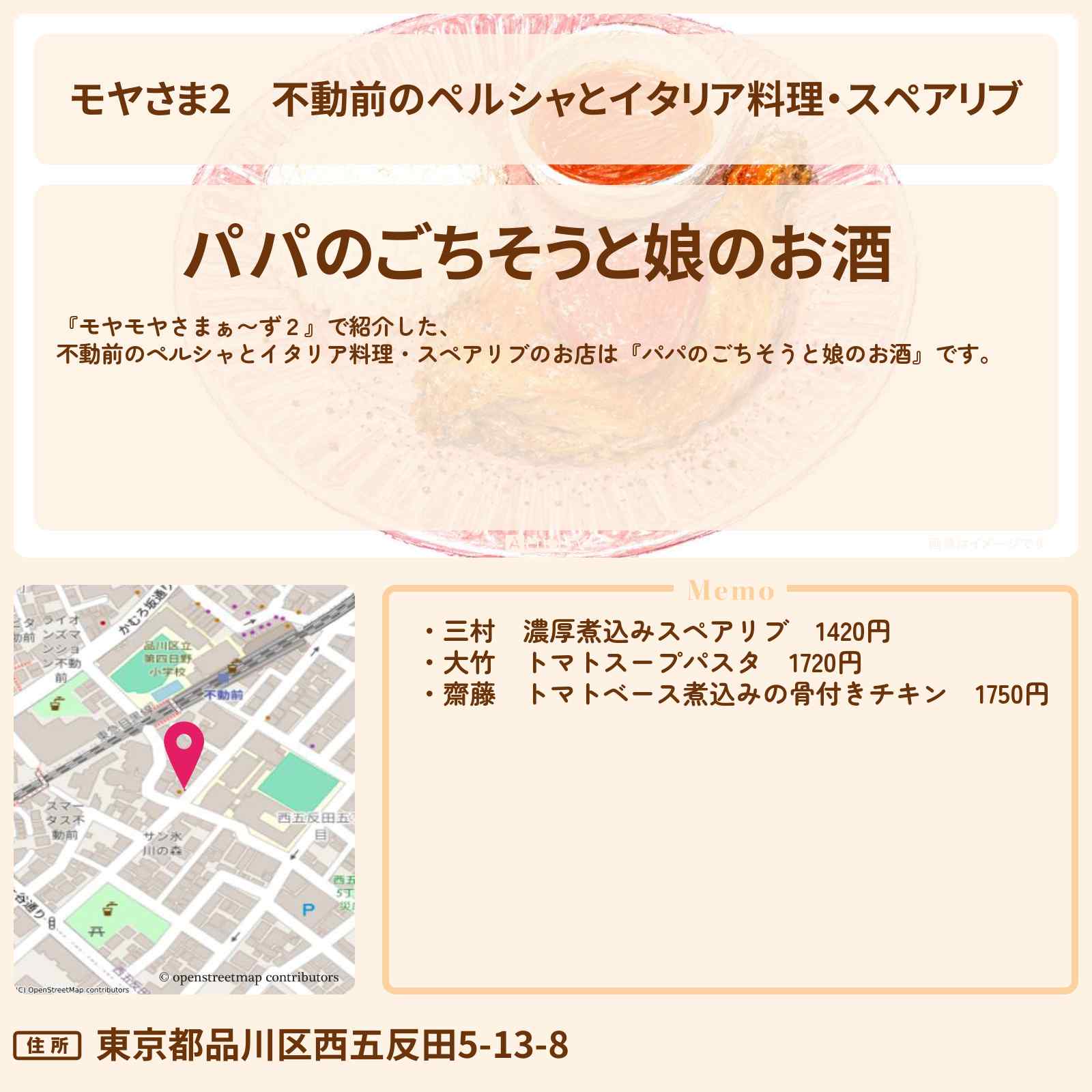 【モヤさま2】不動前のペルシャとイタリア料理・スペアリブ『パパのごちそうと娘のお酒』不動前駅のお店・ロケ地〔モヤモヤさまぁ〜ず2〕