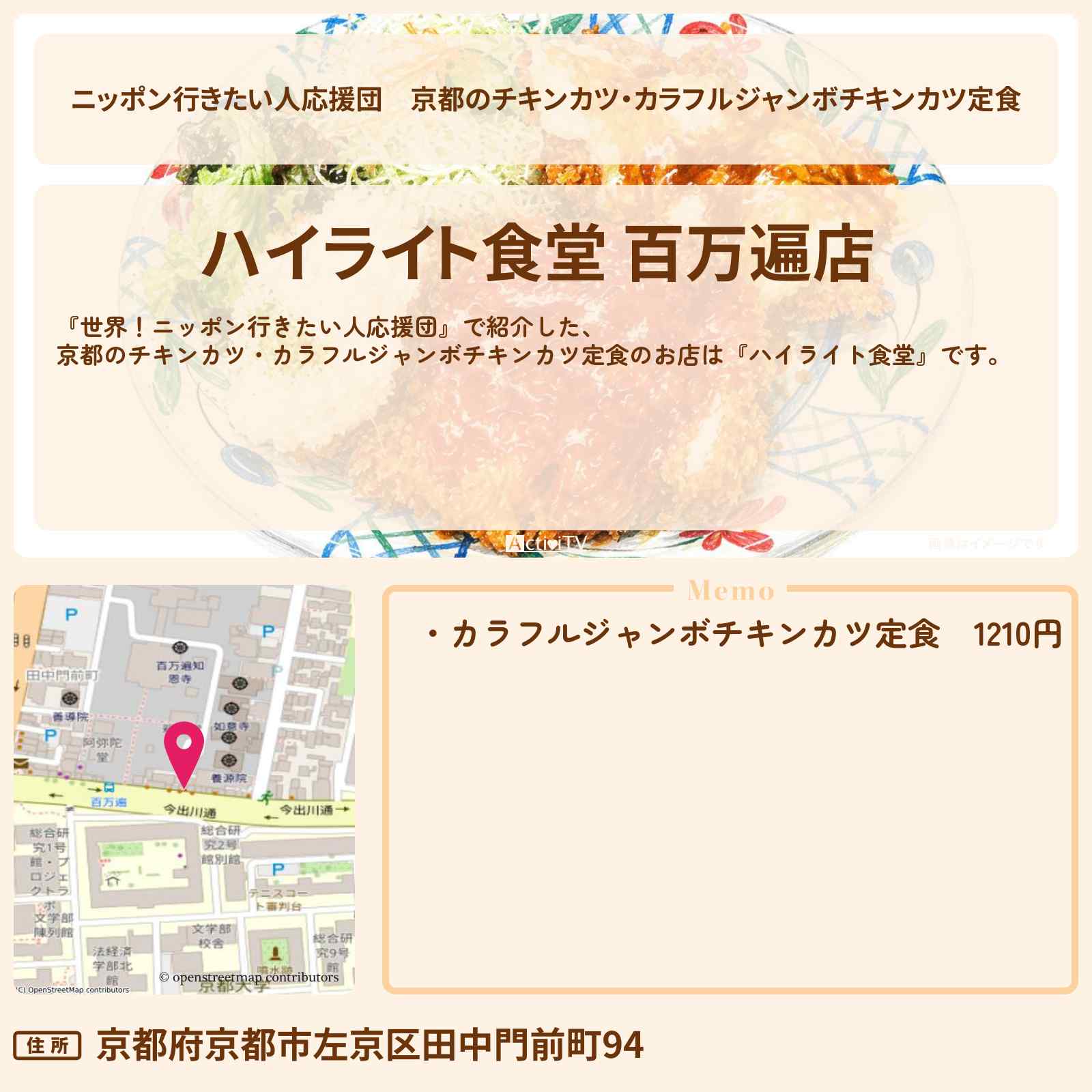 【ニッポン行きたい人応援団】京都のチキンカツ・カラフルジャンボチキンカツ定食『ハイライト食堂』のお店の場所