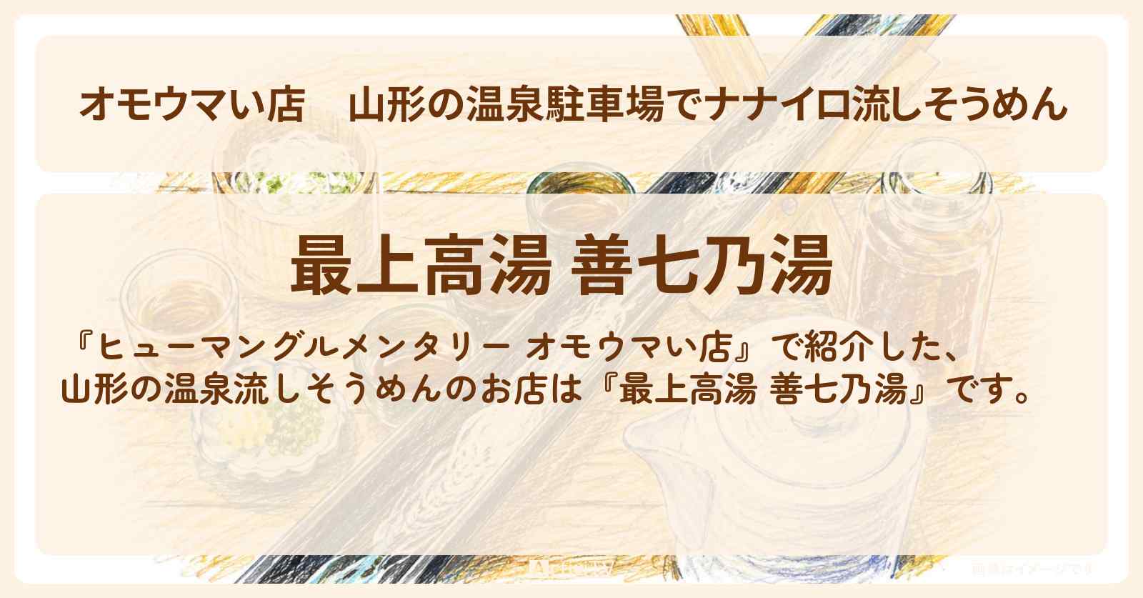 【オモウマい店】山形の温泉駐車場でナナイロ流しそうめん『最上高湯 善七乃湯』お店の場所