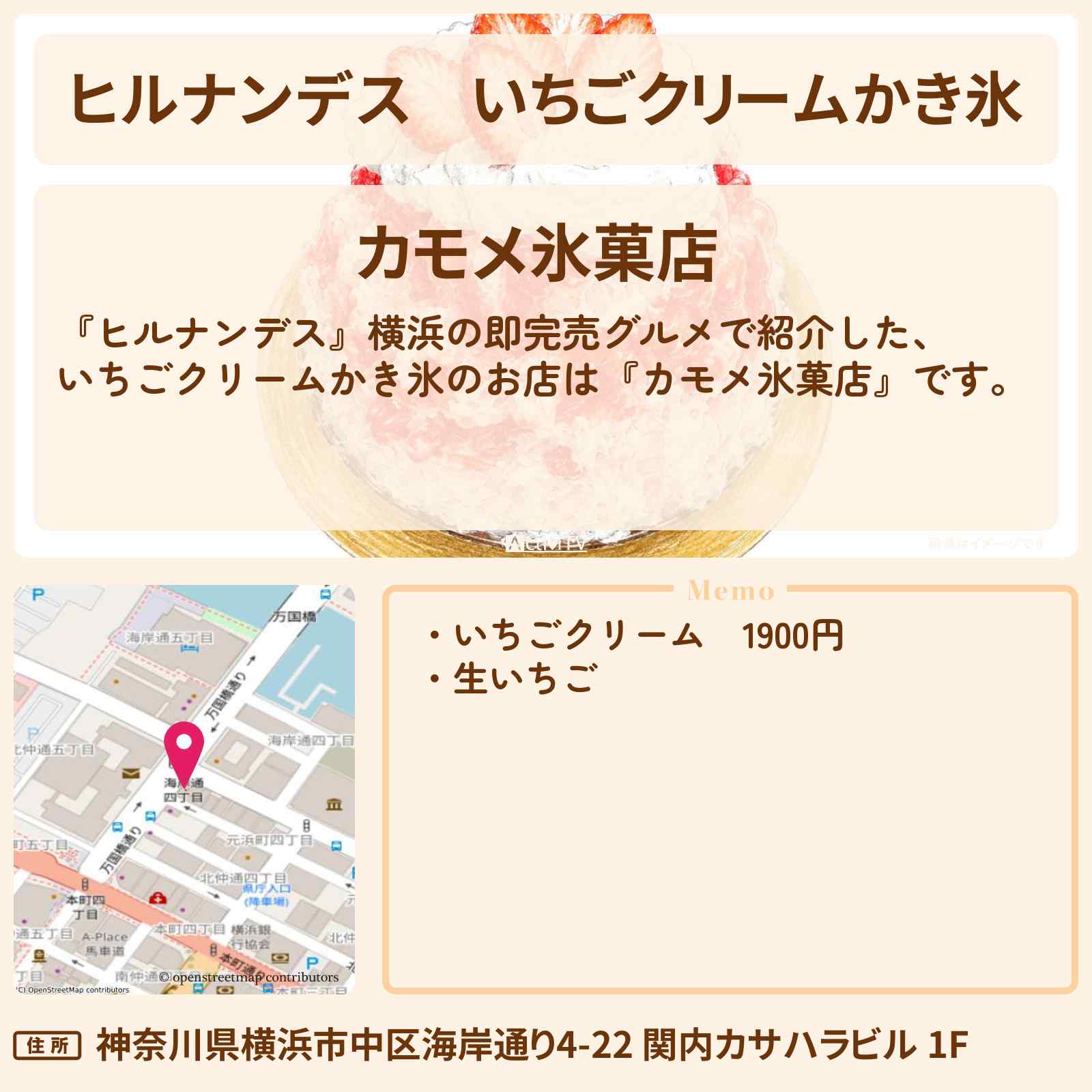 【ヒルナンデス】いちごクリームかき氷『カモメ氷菓店』横浜の即完売グルメのお店情報〔陣内智則・タイムマシーン3号・王林〕
