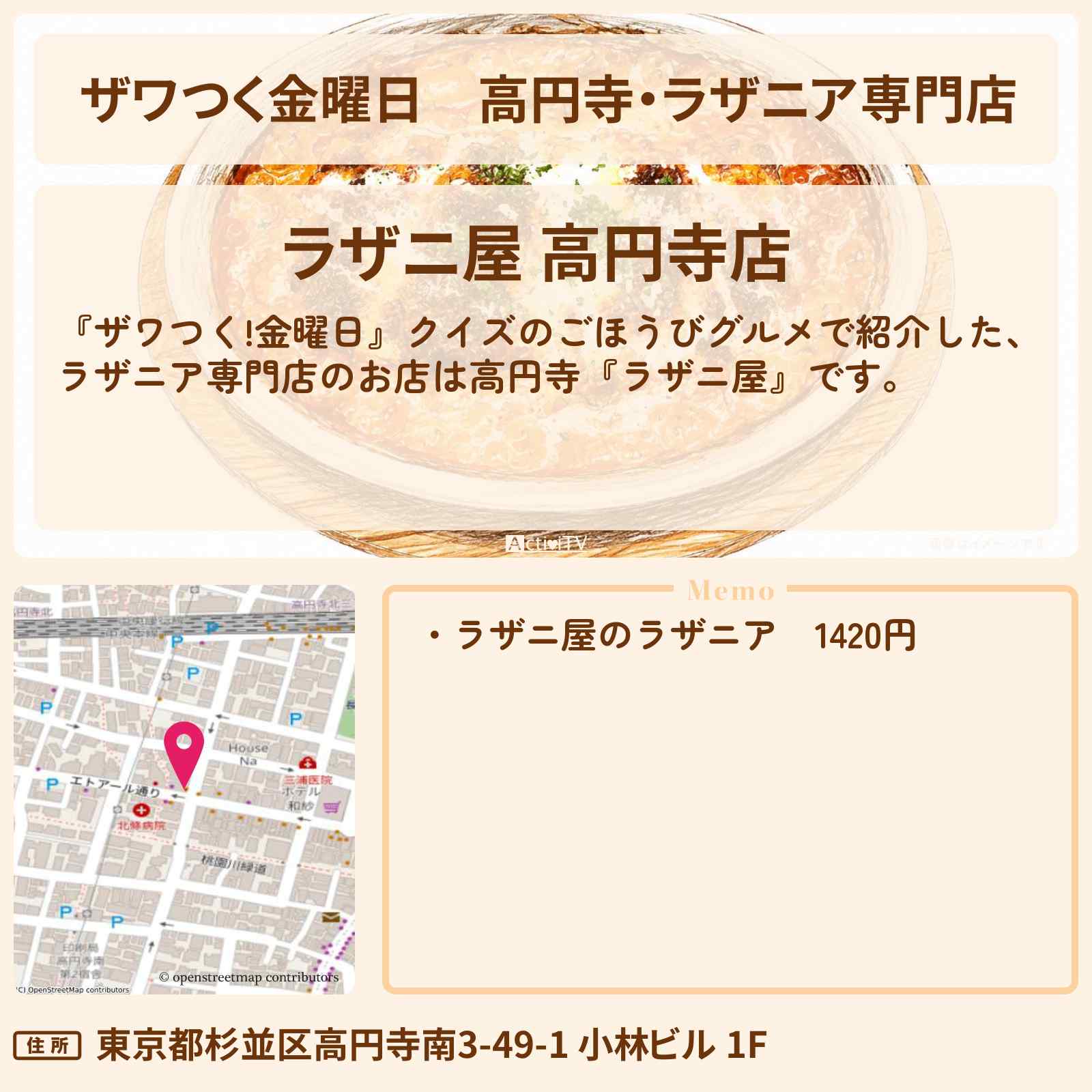【ザワつく金曜日】高円寺・ラザニア専門店『ラザニ屋』のお店の場所