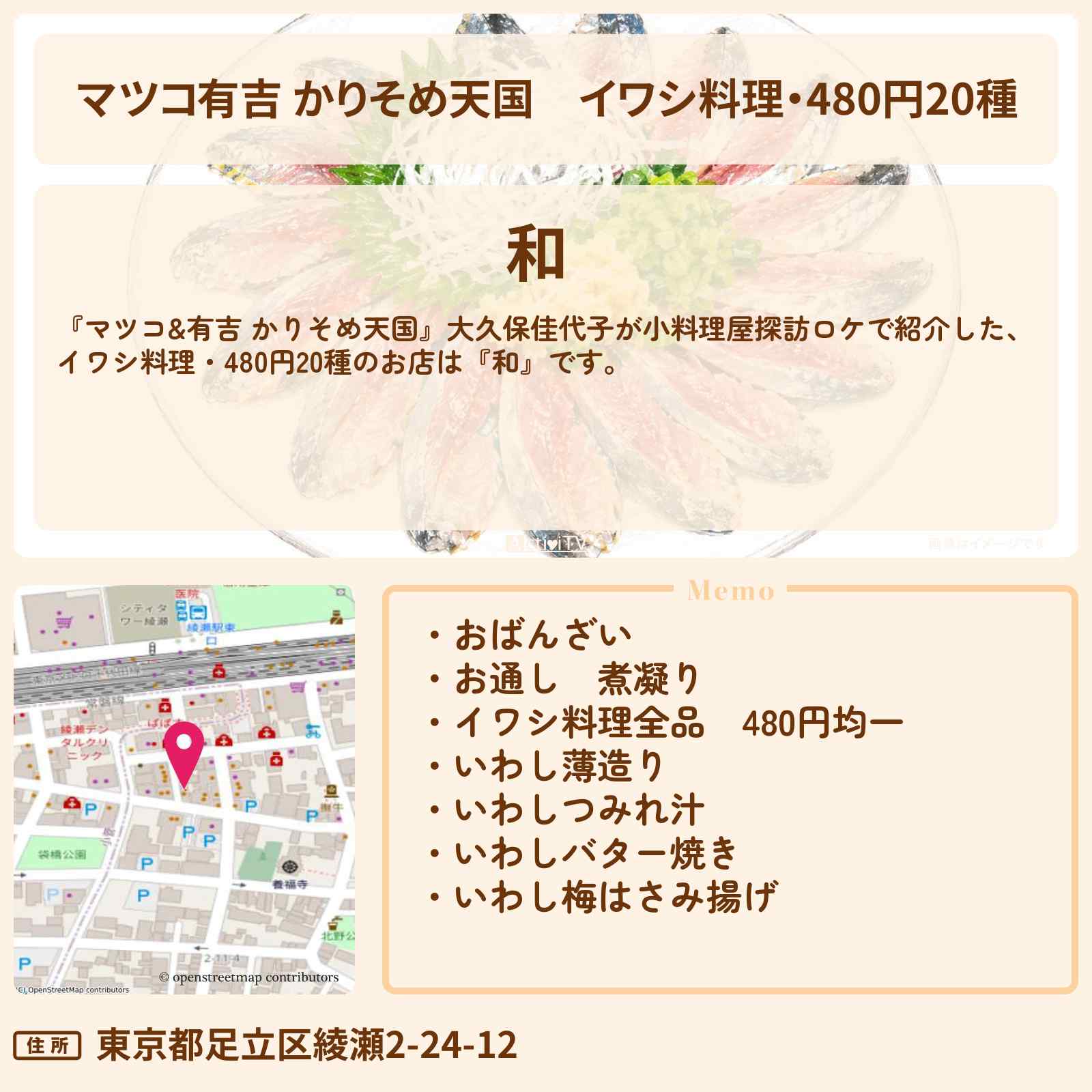 【マツコ有吉 かりそめ天国】イワシ料理・480円20種『和』足立区綾瀬・小料理屋探訪のお店の場所〔大久保佳代子〕