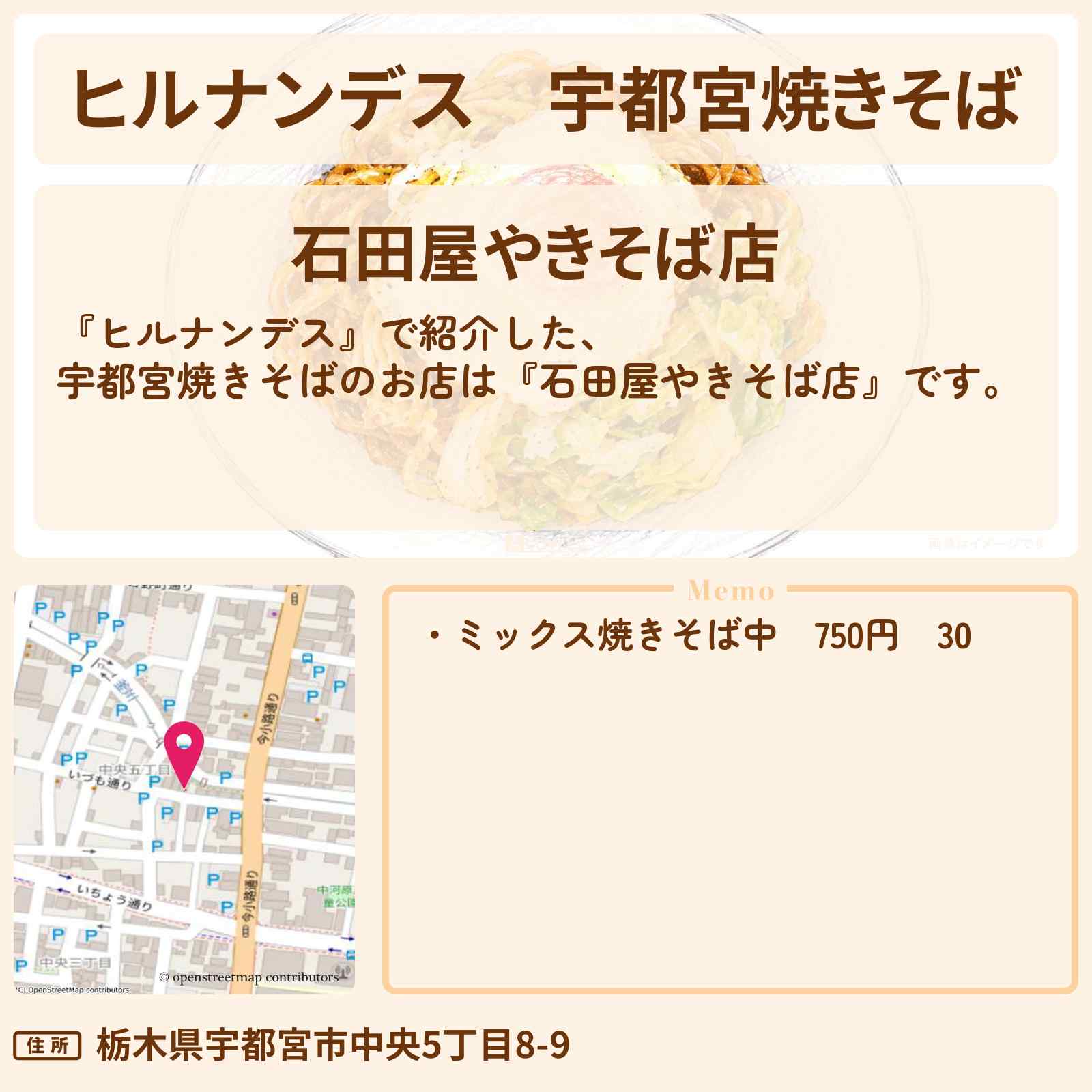 【ヒルナンデス】宇都宮焼きそば『石田屋やきそば店』絶品グルメのお店情報〔タイムマシーン3号・U字工事〕