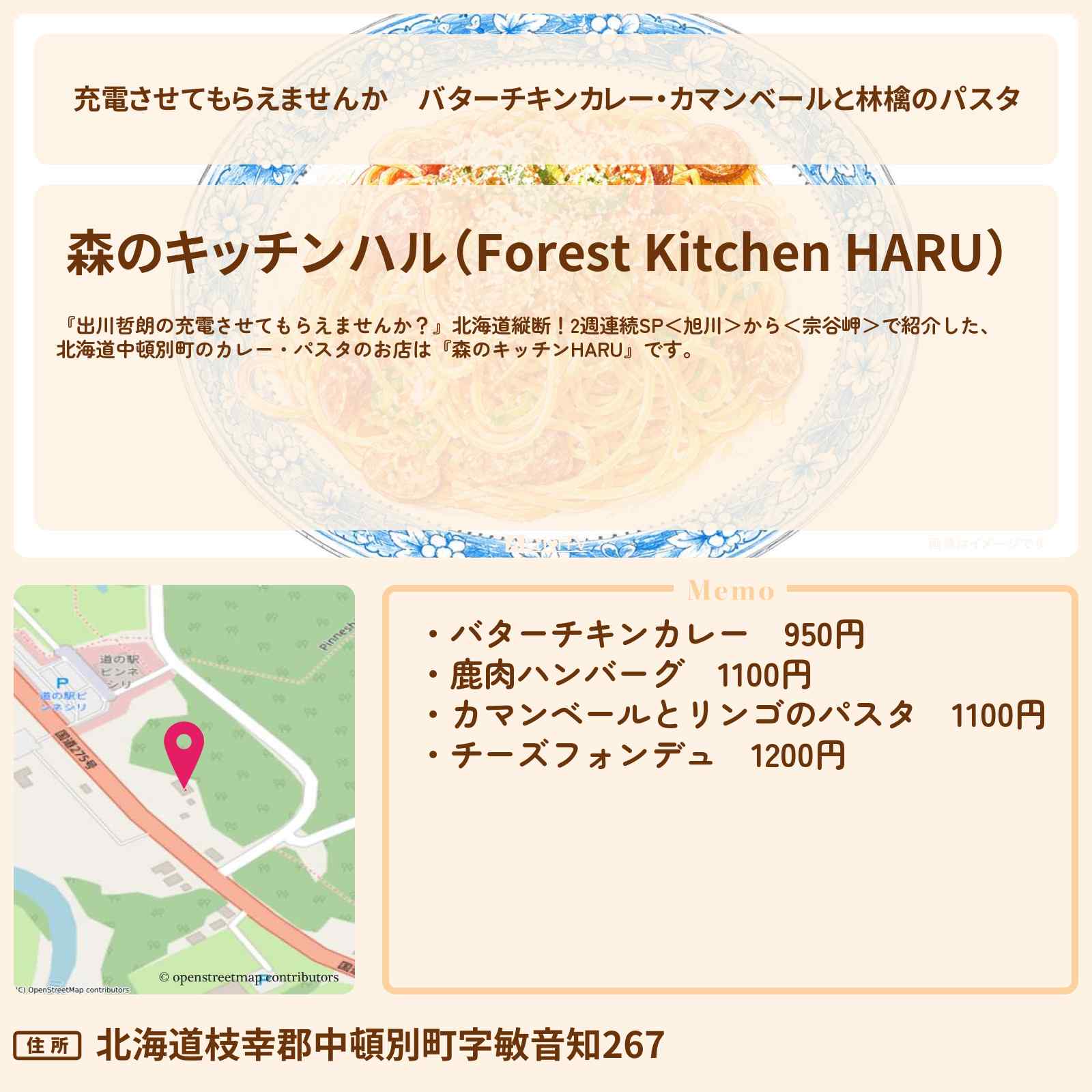 【充電させてもらえませんか】バターチキンカレー・カマンベールと林檎のパスタ『森のキッチンHARU』北海道中頓別町のお店の場所〔高橋克典〕