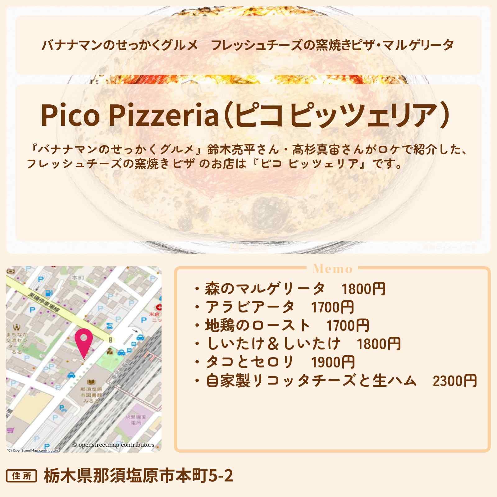 【バナナマンのせっかくグルメ】フレッシュチーズの窯焼きピザ・マルゲリータ 『ピコ ピッツェリア』栃木那須塩原ロケのお店情報〔鈴木亮平・高杉真宙〕