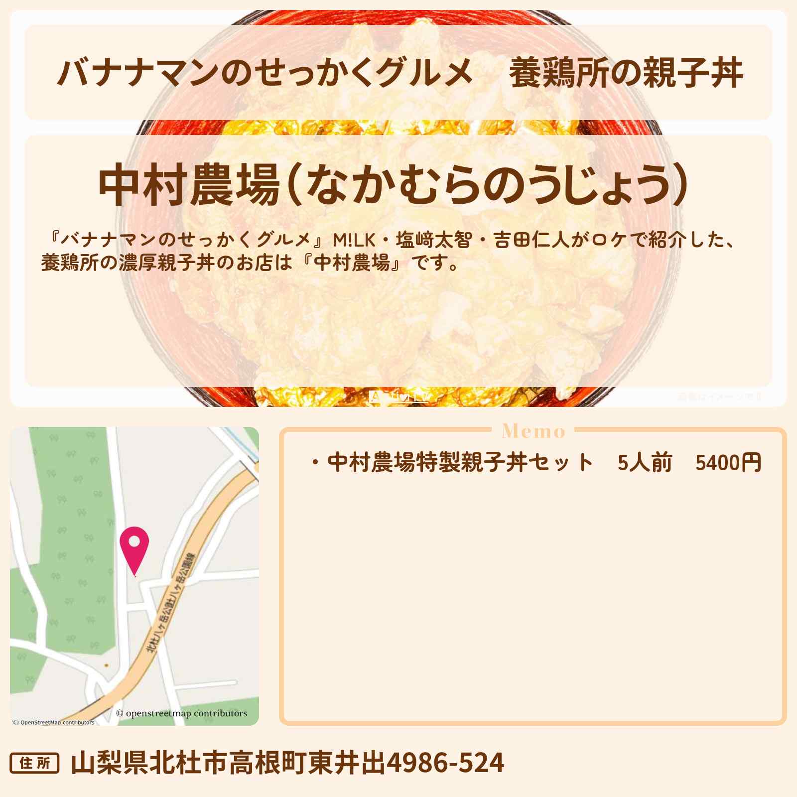 【バナナマンのせっかくグルメ】養鶏所の親子丼『中村農場』山梨県北杜市ロケのお店情報〔M!LK・塩﨑太智・吉田仁人〕