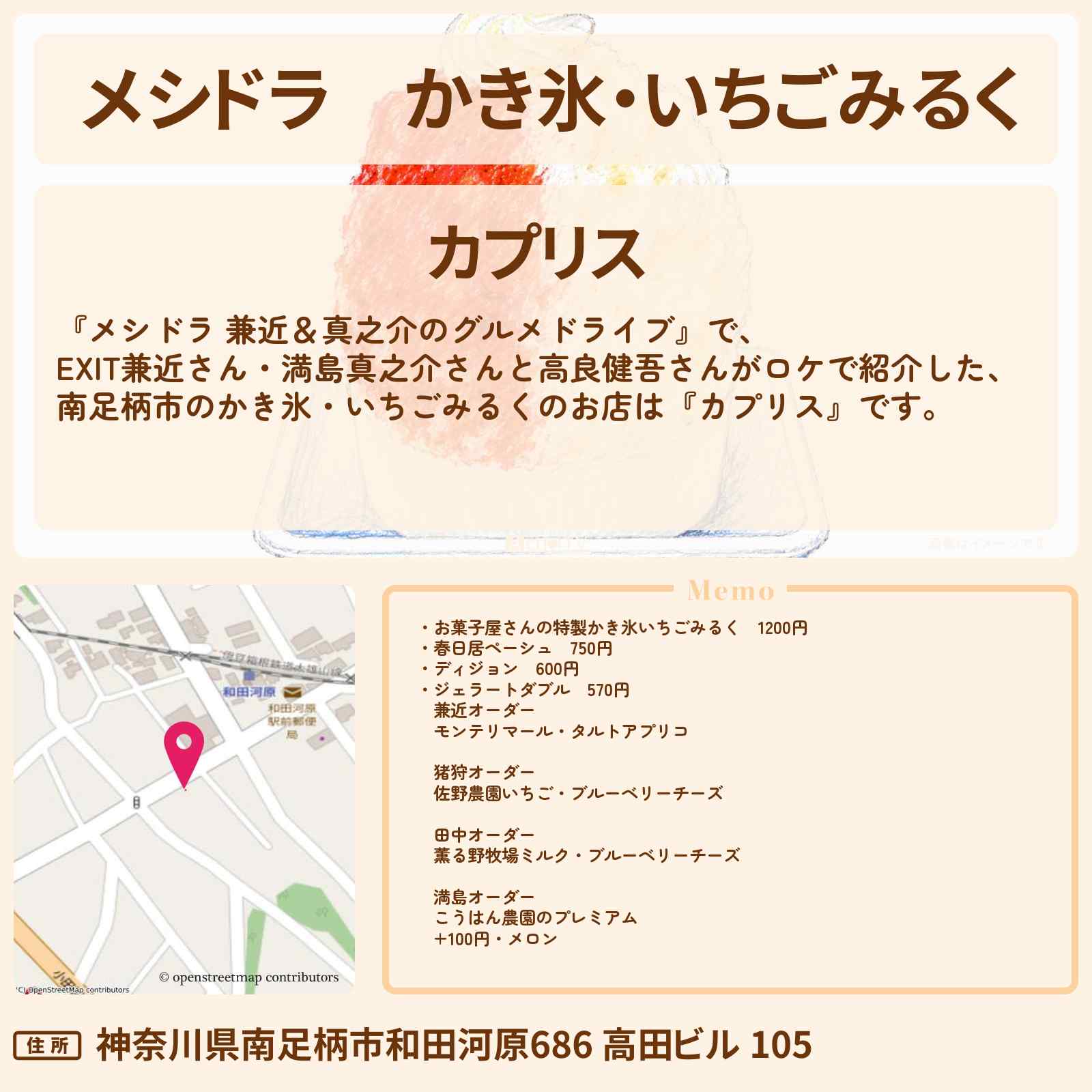 【メシドラ】かき氷・いちごみるく『カプリス』南足柄市のお店情報〔EXIT兼近・満島真之介・田中樹・猪狩蒼弥〕