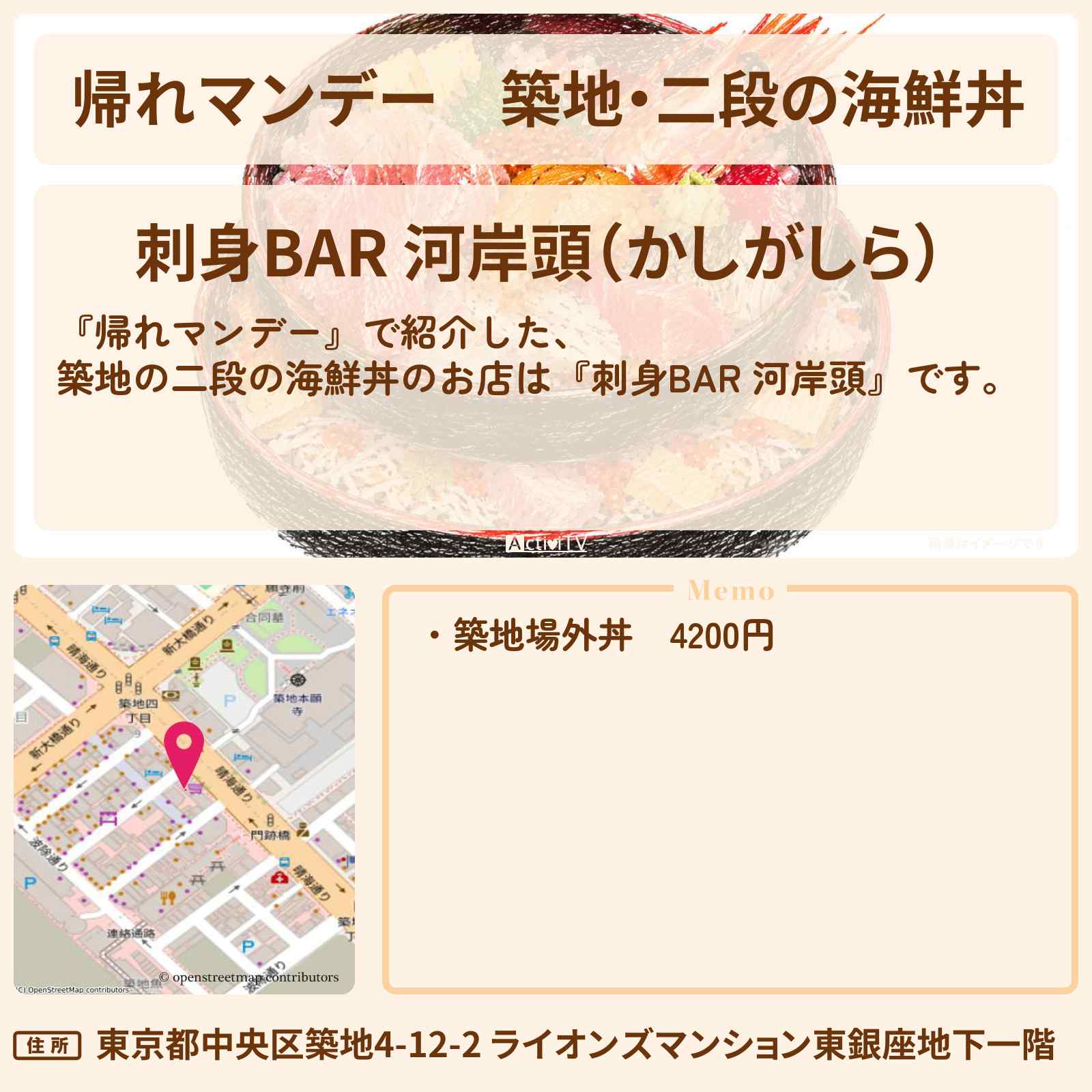 【帰れマンデー】築地・二段の海鮮丼『刺身BAR 河岸頭（かしがしら）』のお店の場所〔さかなクン・ロッチ〕
