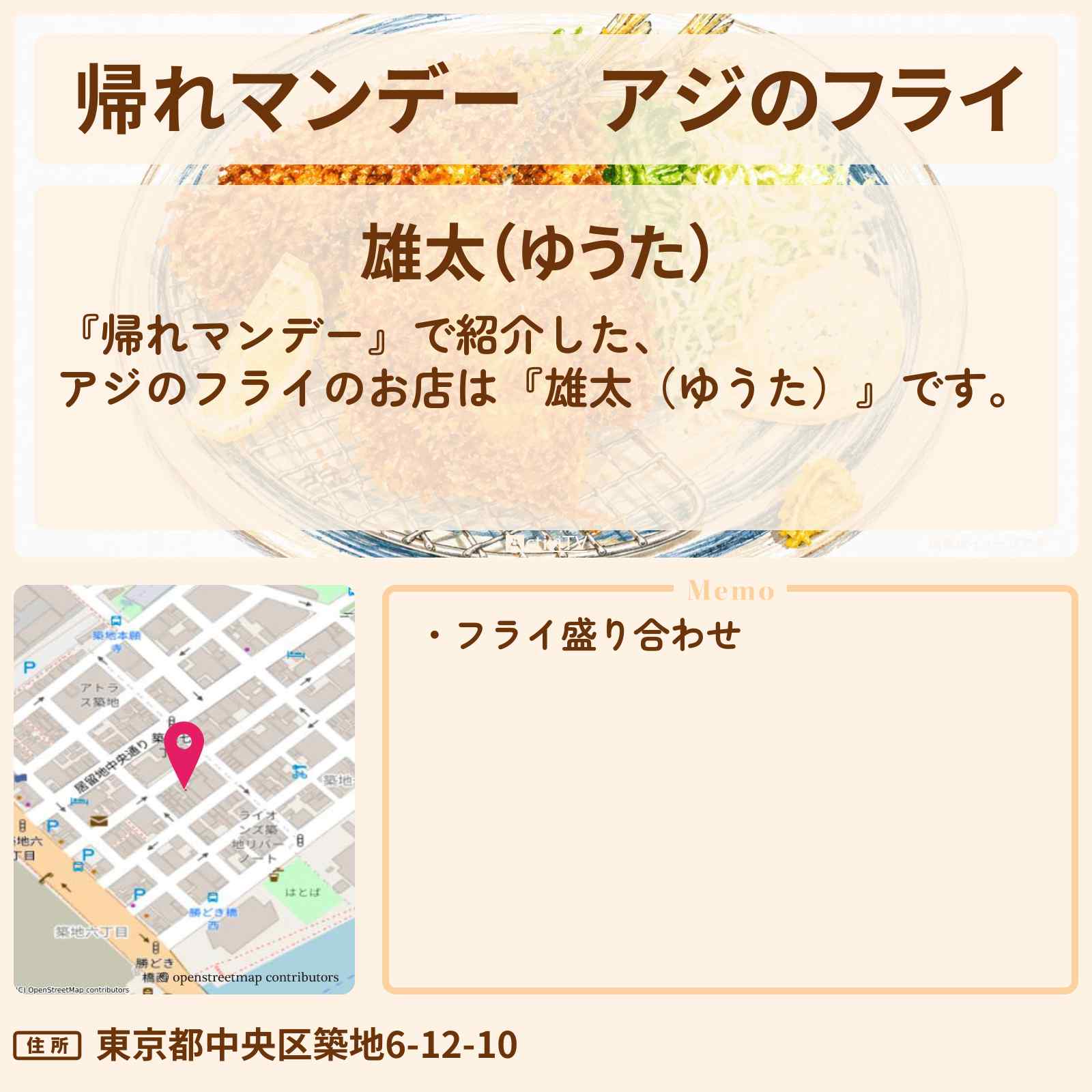 【帰れマンデー】アジのフライ『雄太(ゆうた)』築地の路地裏のお店の場所〔さかなクン・ロッチ〕