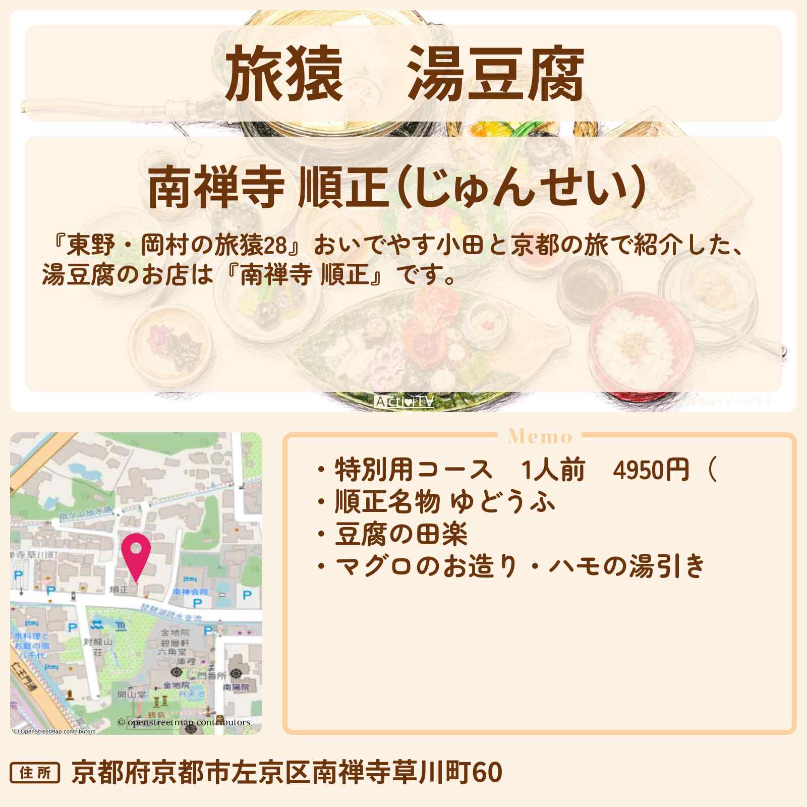 【旅猿】湯豆腐『南禅寺 順正』京都のお店の場所〔おいでやす小田〕