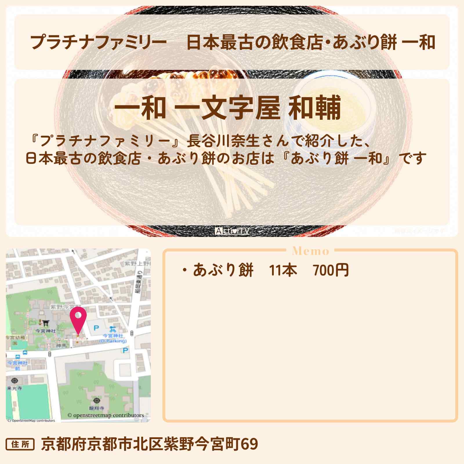 【プラチナファミリー】日本最古の飲食店・あぶり餅 一和『一文字屋和輔』のお店の場所