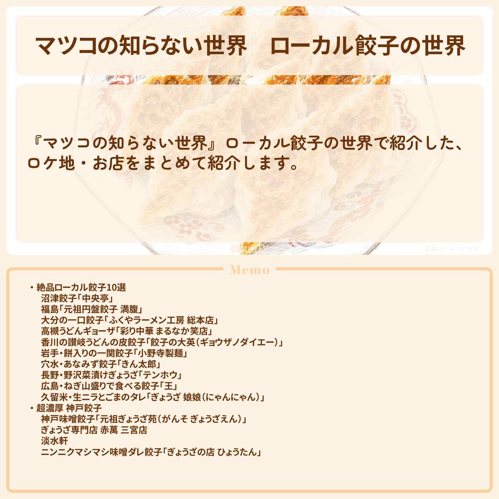 【マツコの知らない世界】『ローカル餃子の世界』のまとめ・お店情報