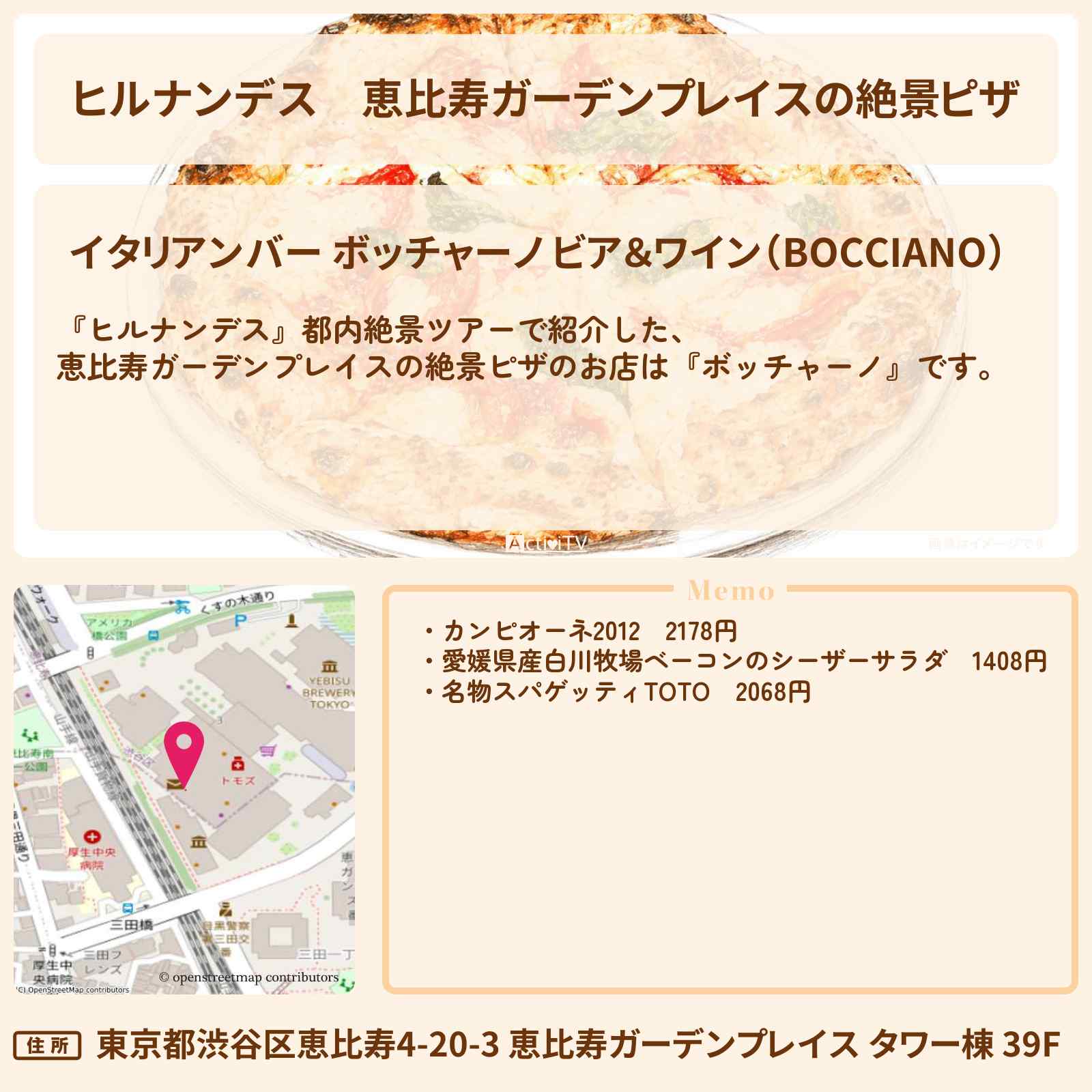 【ヒルナンデス】恵比寿ガーデンプレイスの絶景ピザ『ボッチャーノ』のお店情報〔石原良純〕