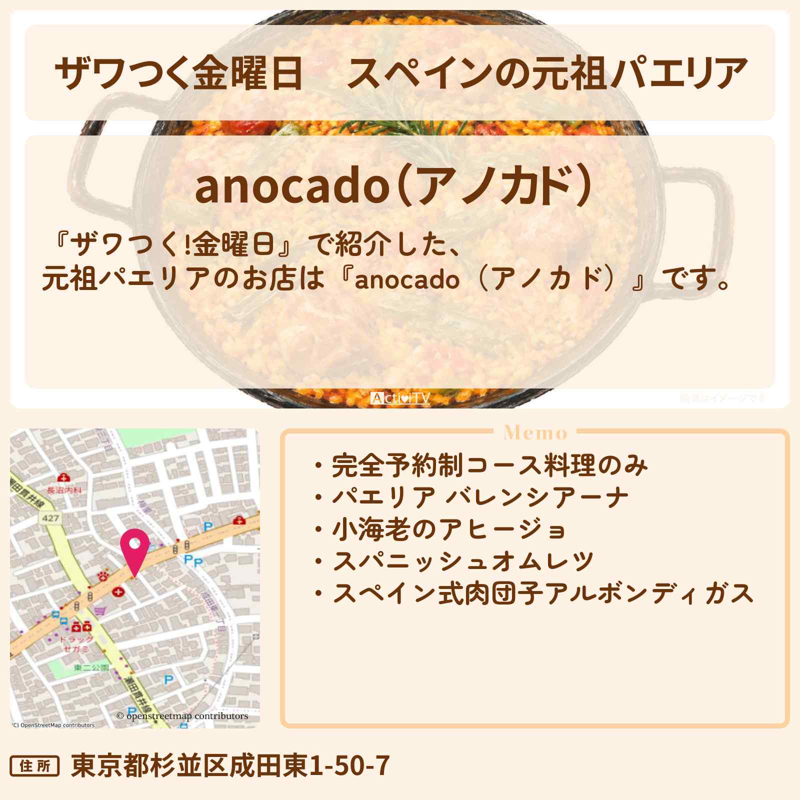 【ザワつく金曜日】スペインの元祖パエリア『anocado（アノカド）』南阿佐ケ谷駅のお店の場所
