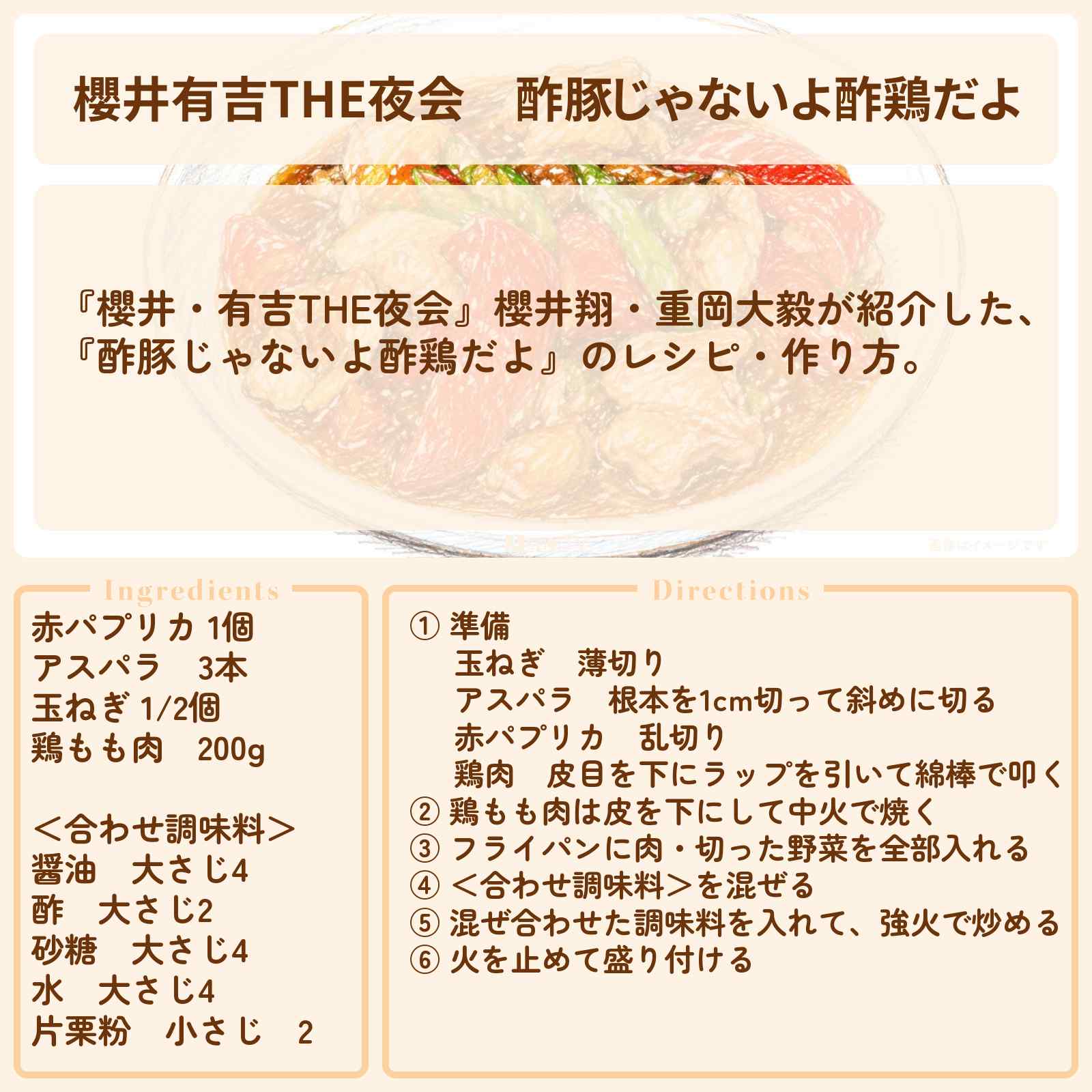 【櫻井有吉THE夜会】『酢豚じゃないよ酢鶏だよ』櫻井翔・重岡大毅のレシピ・作り方