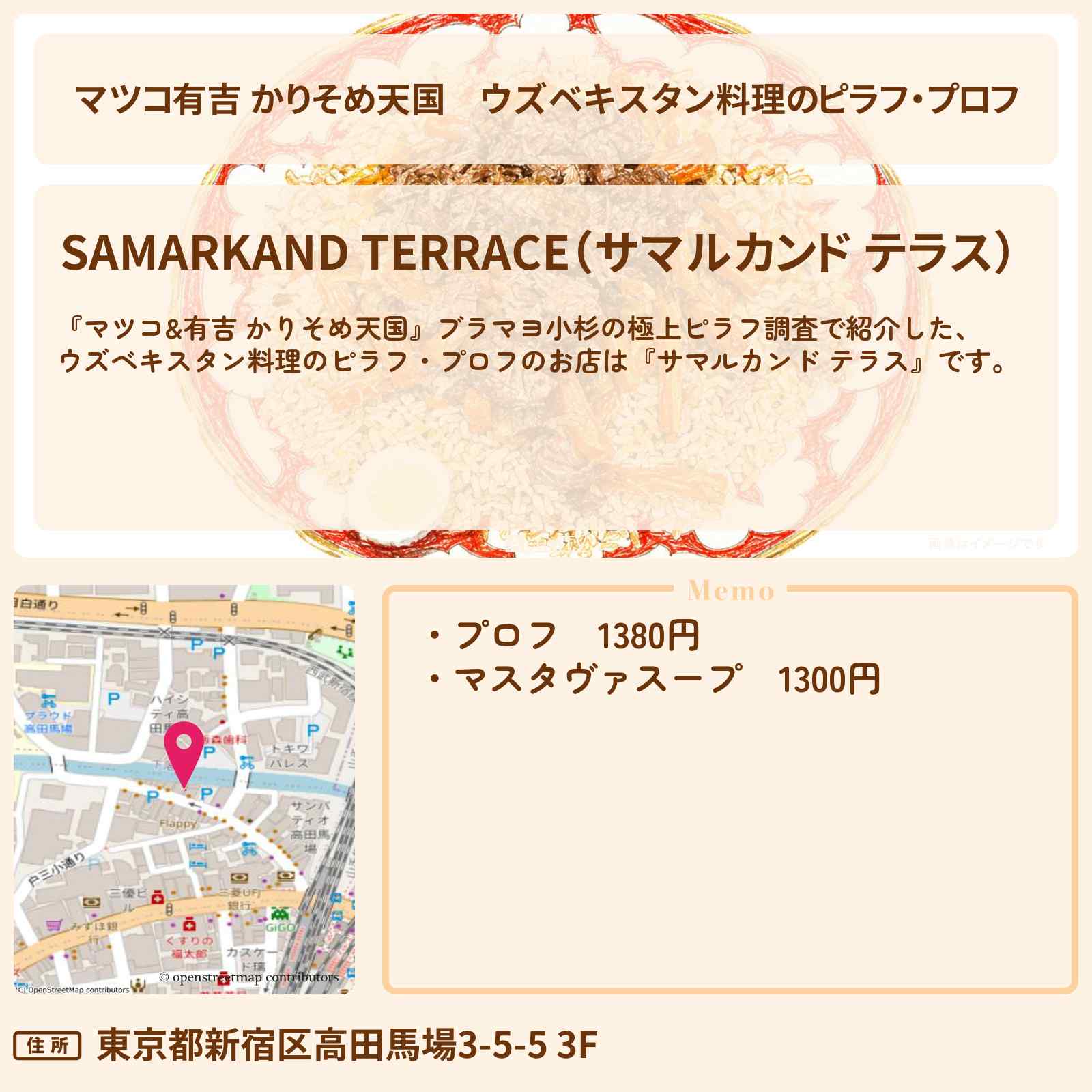 【マツコ有吉 かりそめ天国】ウズベキスタン料理のピラフ・プロフ『サマルカンド テラス』高田馬場のお店の場所〔ブラマヨ小杉〕