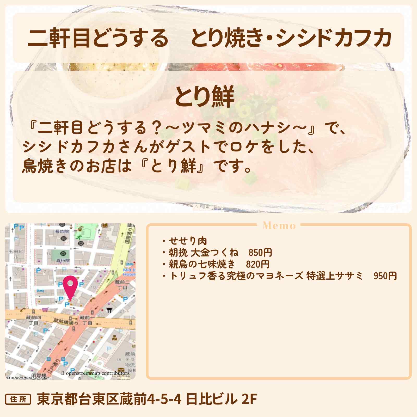 【二軒目どうする】とり焼き・シシドカフカ『とり鮮』蔵前で乾杯のお店の場所〔ツマミのハナシ〕