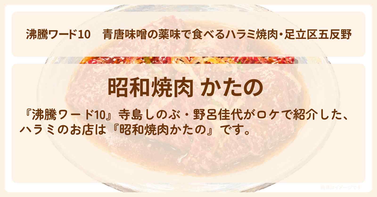 【沸騰ワード10】青唐味噌の薬味で食べるハラミ焼肉・足立区五反野『昭和焼肉かたの』で野呂佳代がロケ・お店の場所〔寺島しのぶ〕