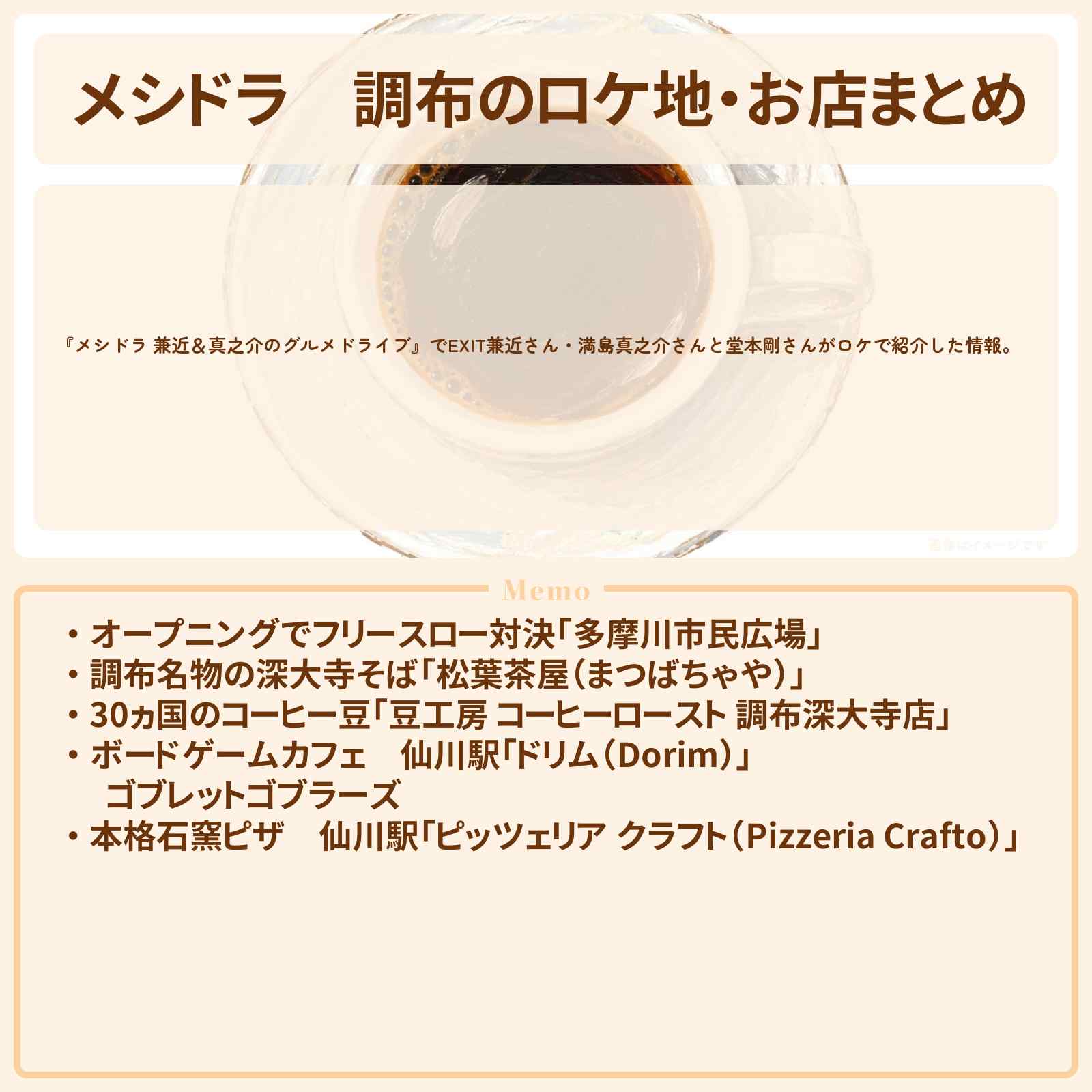 【メシドラ】調布のロケ地・お店まとめ〔EXIT兼近・満島真之介・堂本剛〕