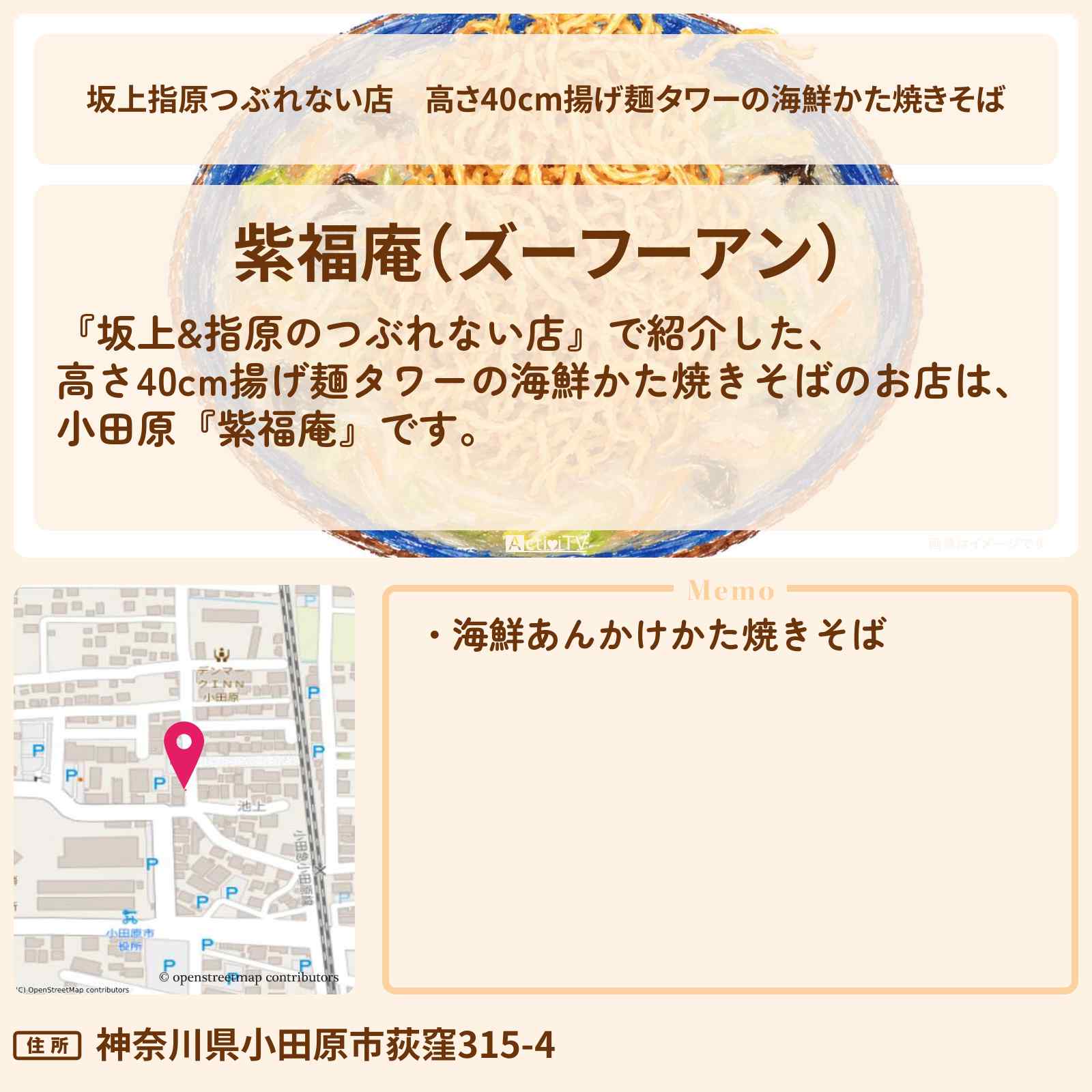 【坂上指原つぶれない店】高さ40cm揚げ麺タワーの海鮮かた焼きそば『紫福庵』噂の逆詐欺繁盛店のお店の場所〔≠ME・櫻井もも・冨田菜々風〕