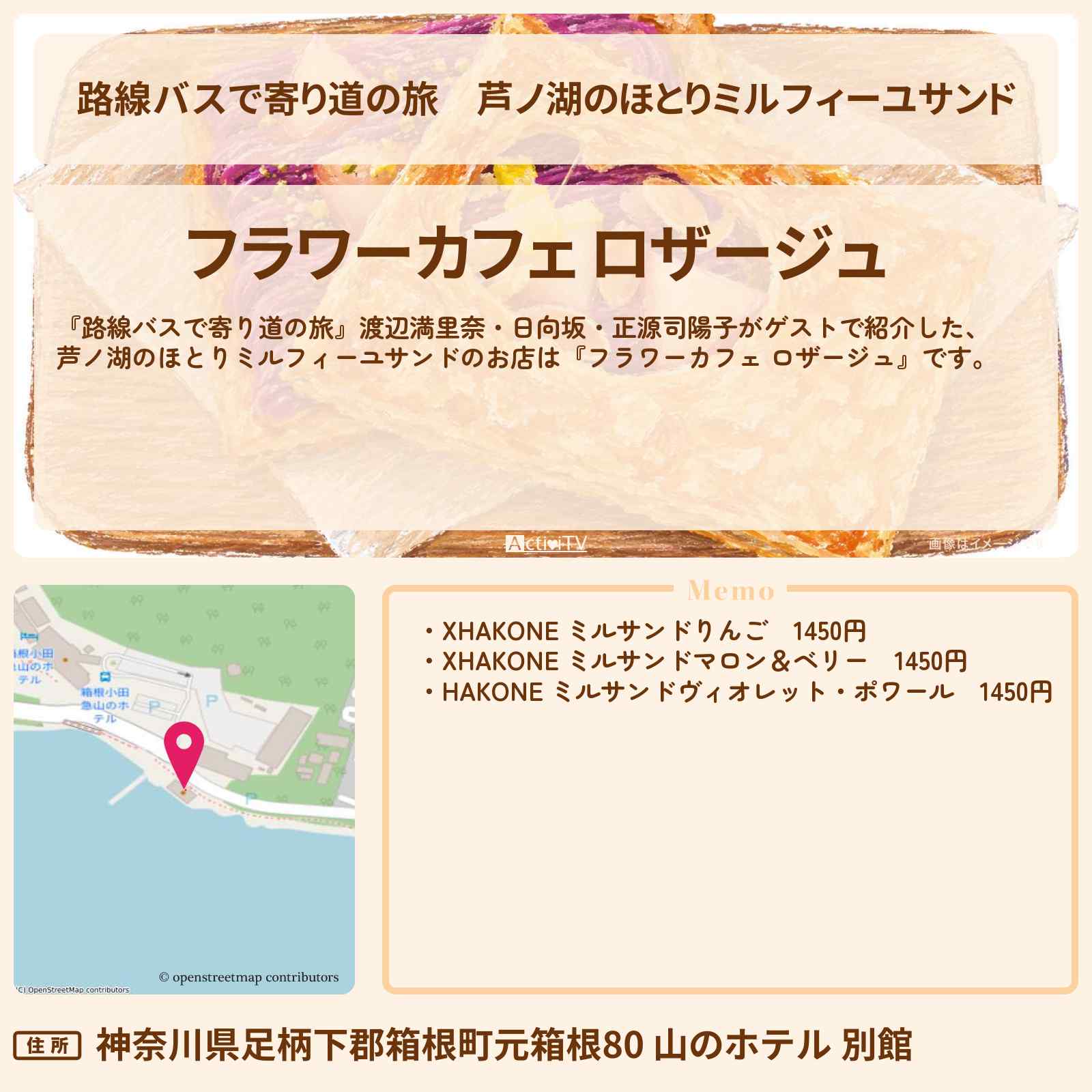【路線バスで寄り道の旅】芦ノ湖のほとりミルフィーユサンド『フラワーカフェ ロザージュ』のお店の場所〔渡辺満里奈・日向坂・正源司陽子〕
