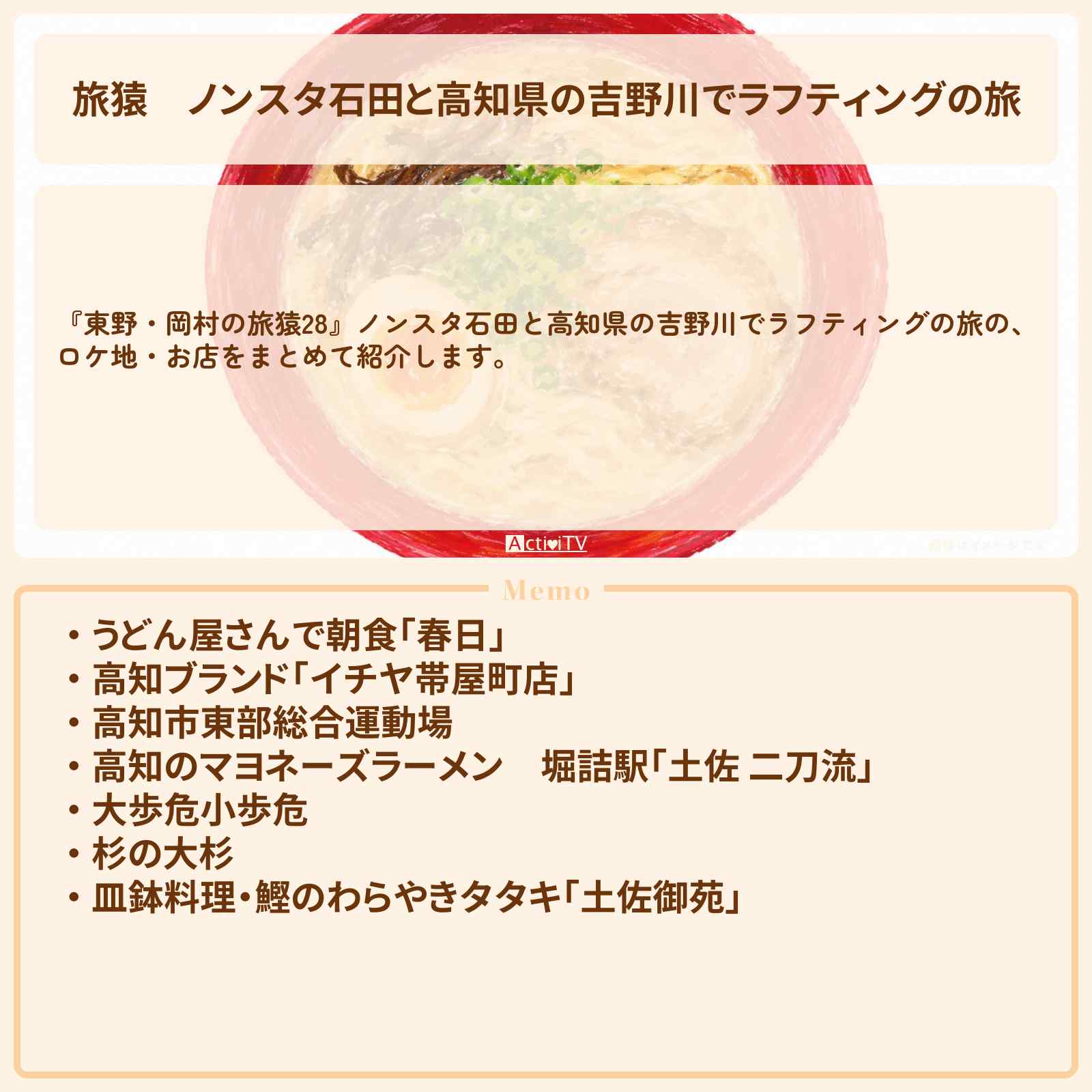 【旅猿】『ノンスタ石田と高知県の吉野川でラフティングの旅』のお店・ロケ地まとめ〔NON STYLE・石田明〕