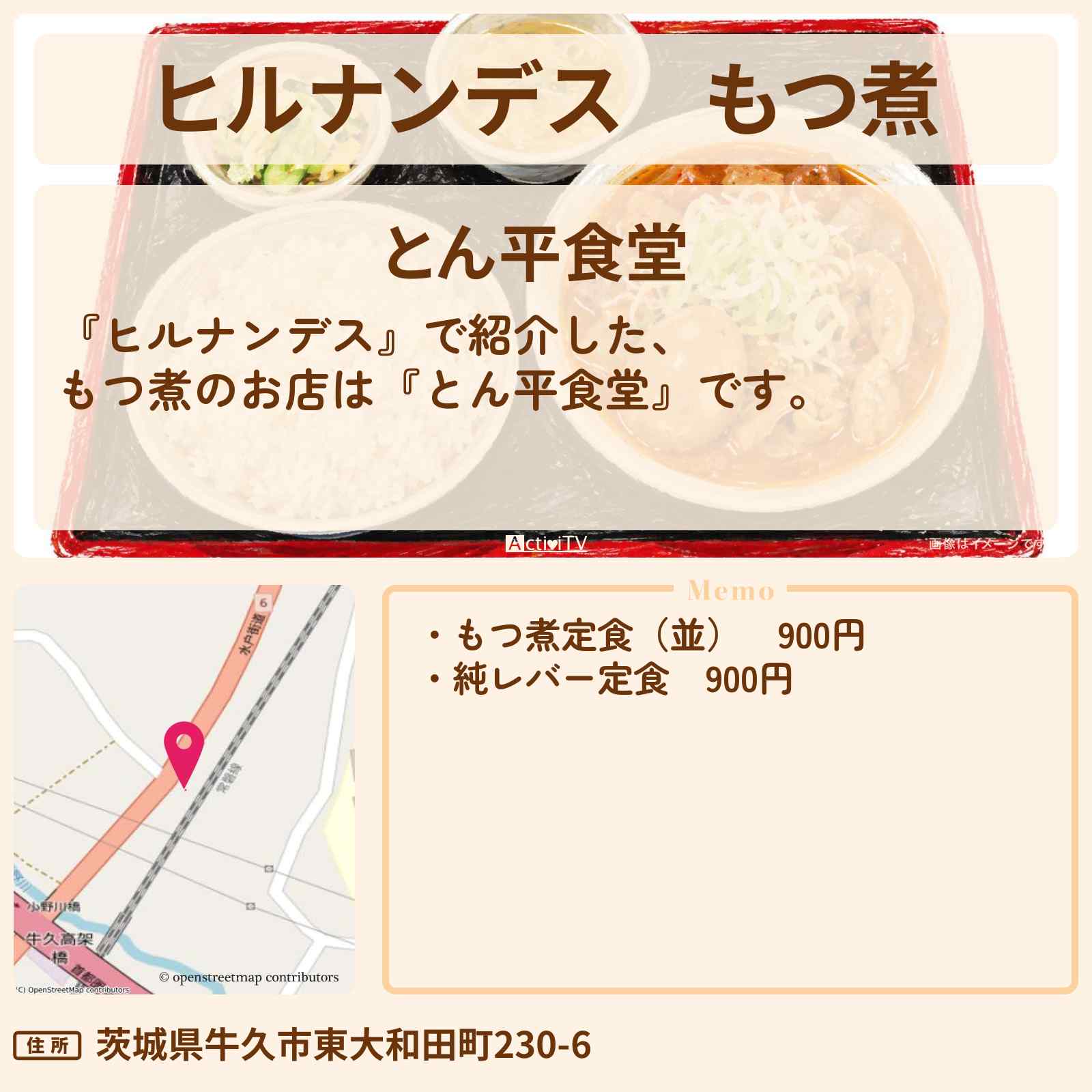 【ヒルナンデス】もつ煮『とん平食堂』牛久のお店情報〔なすなかにし・村重杏奈〕