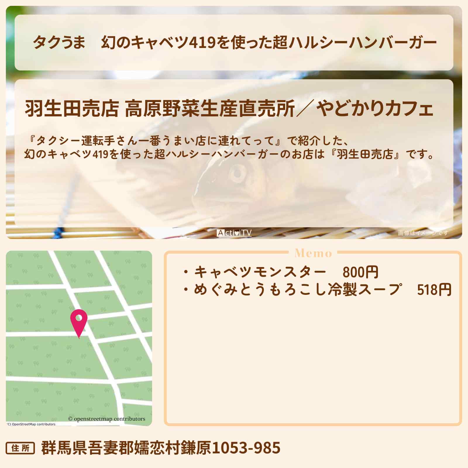 【タクうま】幻のキャベツ419を使った超ハルシーハンバーガー『羽生田売店』のお店の場所〔タクシー運転手さん一番うまい店に連れてって〕