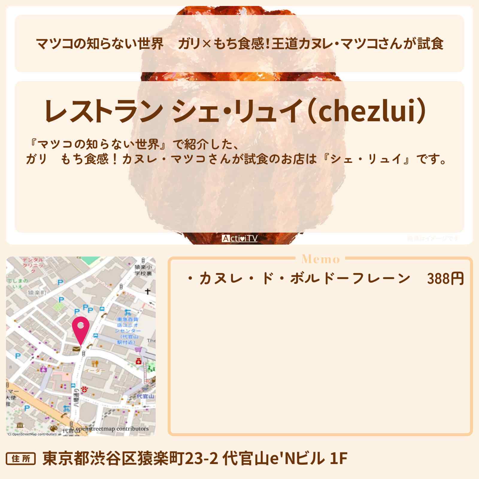 【マツコの知らない世界】ガリ✕もち食感!王道カヌレ・マツコさんが試食『シェ・リュイ』代官山のお店情報