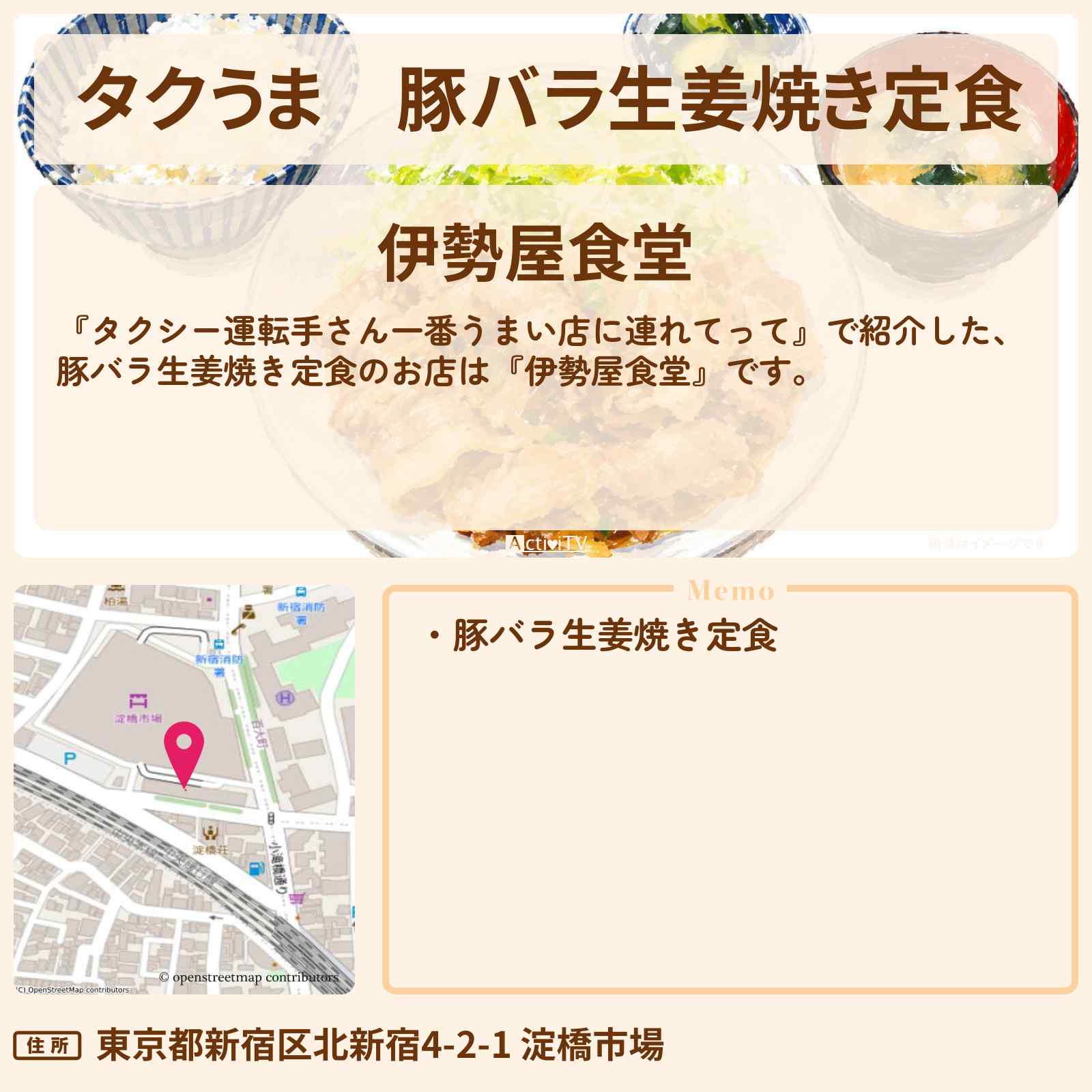 【タクうま】豚バラ生姜焼き定食『伊勢屋食堂』朝5時から満席のつゆだく生姜焼きのお店の場所〔タクシー運転手さん一番うまい店に連れてって〕