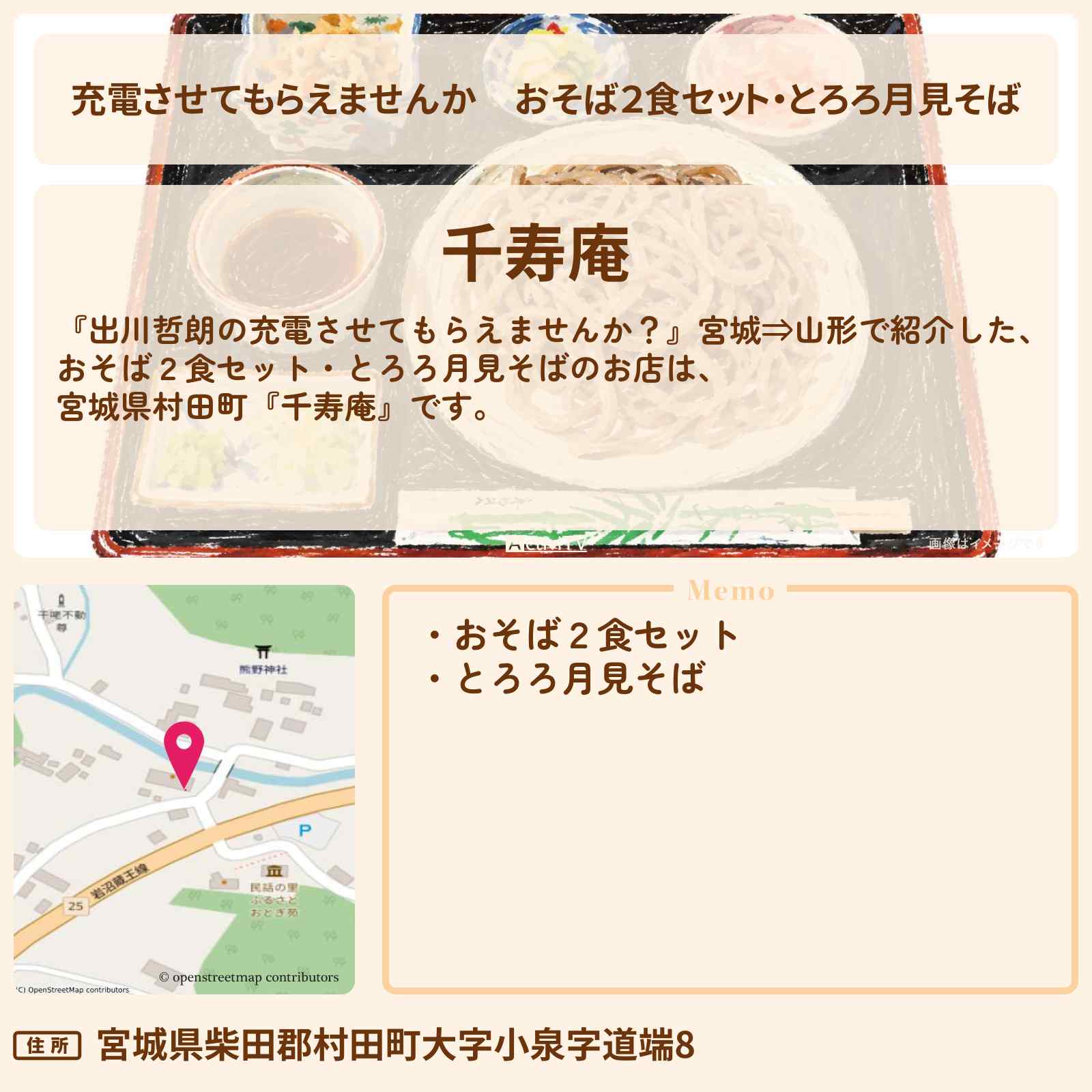 【充電させてもらえませんか】おそば2色盛り・とろろ月見そば『千寿庵』宮城県村田町のお店の場所〔近藤真彦〕