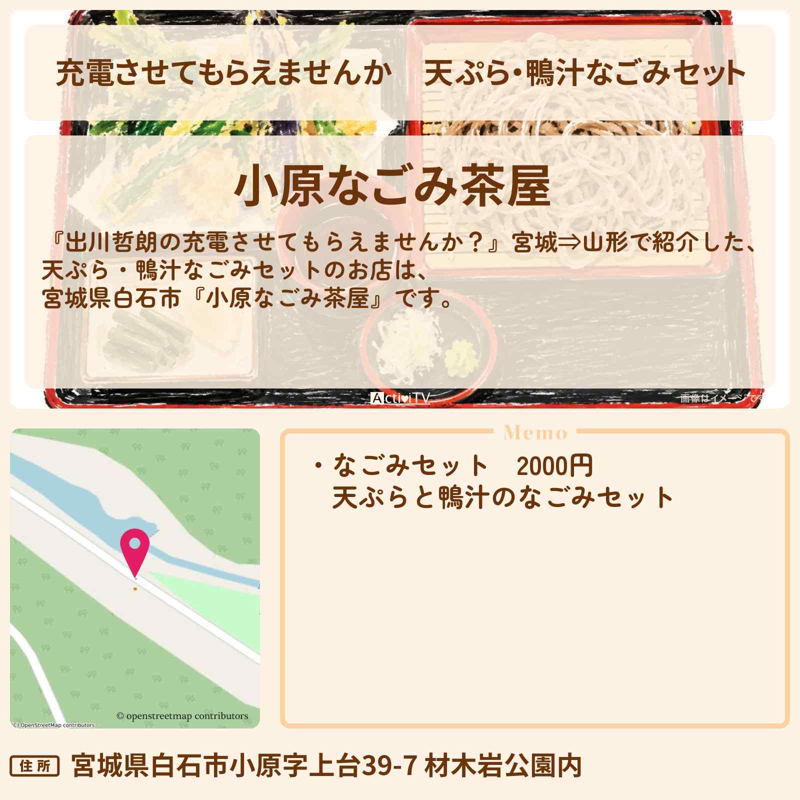【充電させてもらえませんか】天ぷら・鴨汁なごみセット『小原なごみ茶屋』宮城県白石市のお蕎麦屋さんのお店の場所〔銀シャリ橋本〕