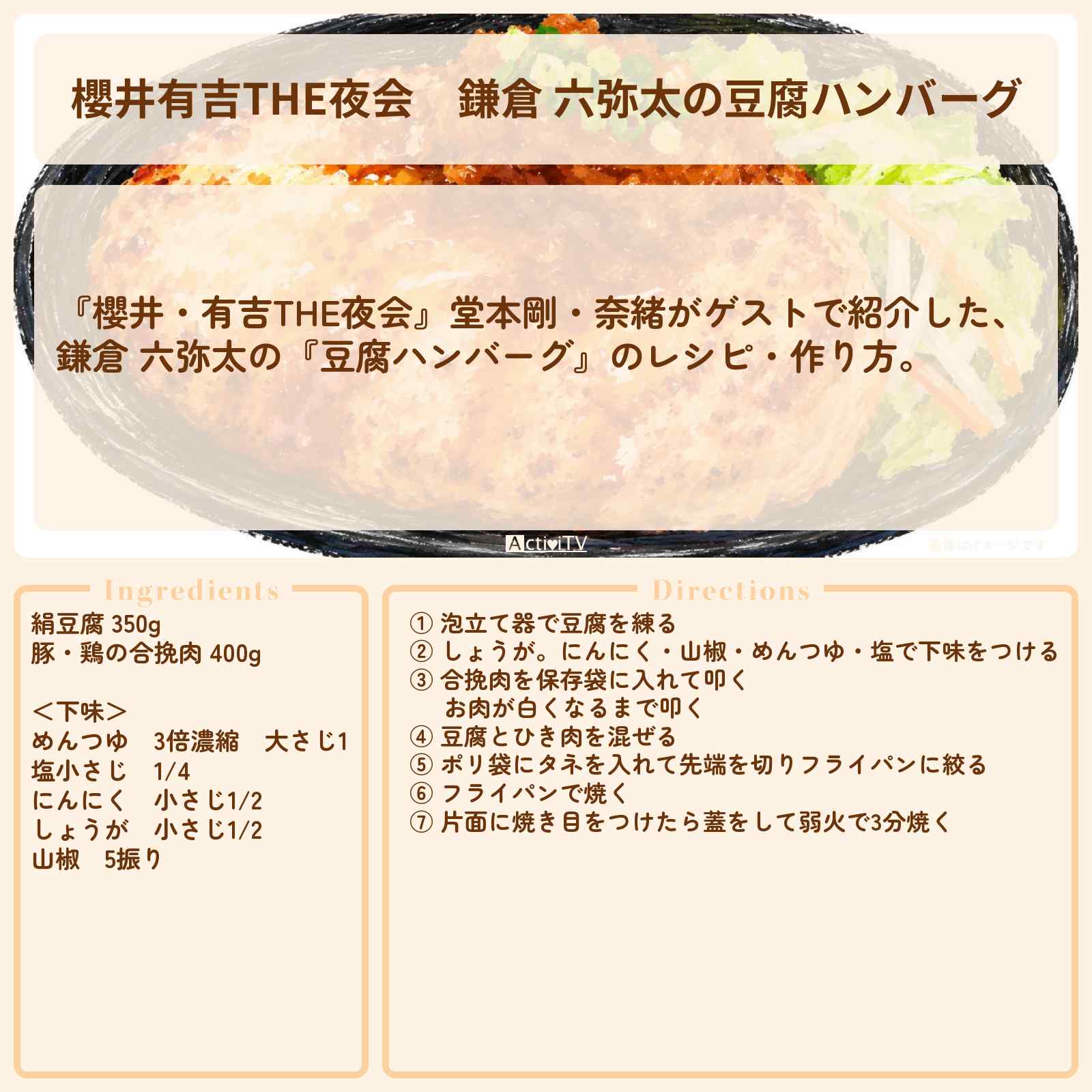 【櫻井有吉THE夜会】鎌倉 六弥太の『豆腐ハンバーグ』のレシピ・作り方〔櫻井翔・堂本剛・奈緒〕