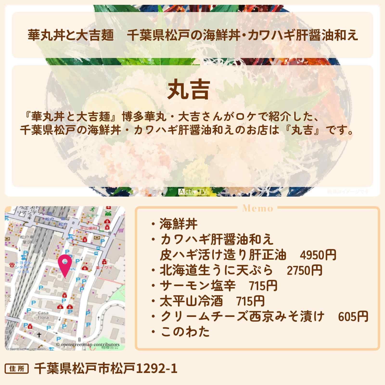 【華丸丼と大吉麺】千葉県松戸の海鮮丼・カワハギ肝醤油和え『丸吉』お店情報