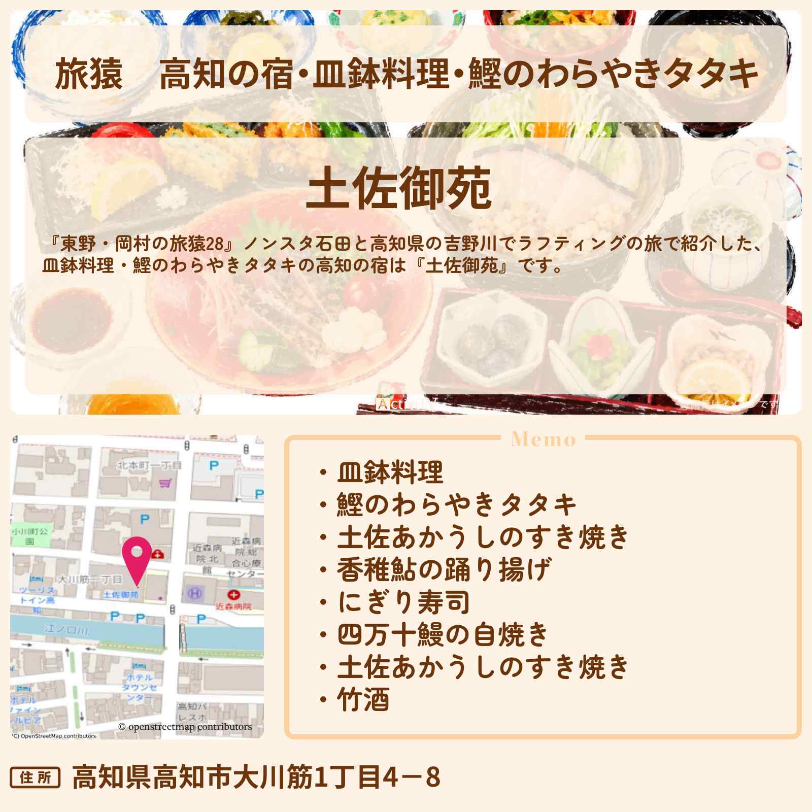 【旅猿】高知の宿・皿鉢料理・鰹のわらやきタタキ『土佐御苑』予約プランサイト・情報を紹介〔NON STYLE・石田明〕