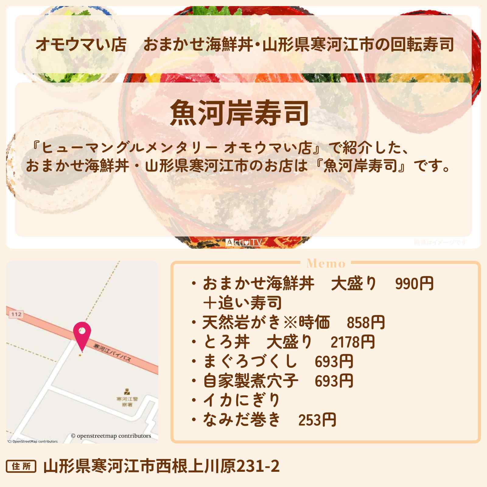 【オモウマい店】おまかせ海鮮丼・山形県寒河江市の回転寿司『魚河岸寿司』追い寿司大将のお店の場所