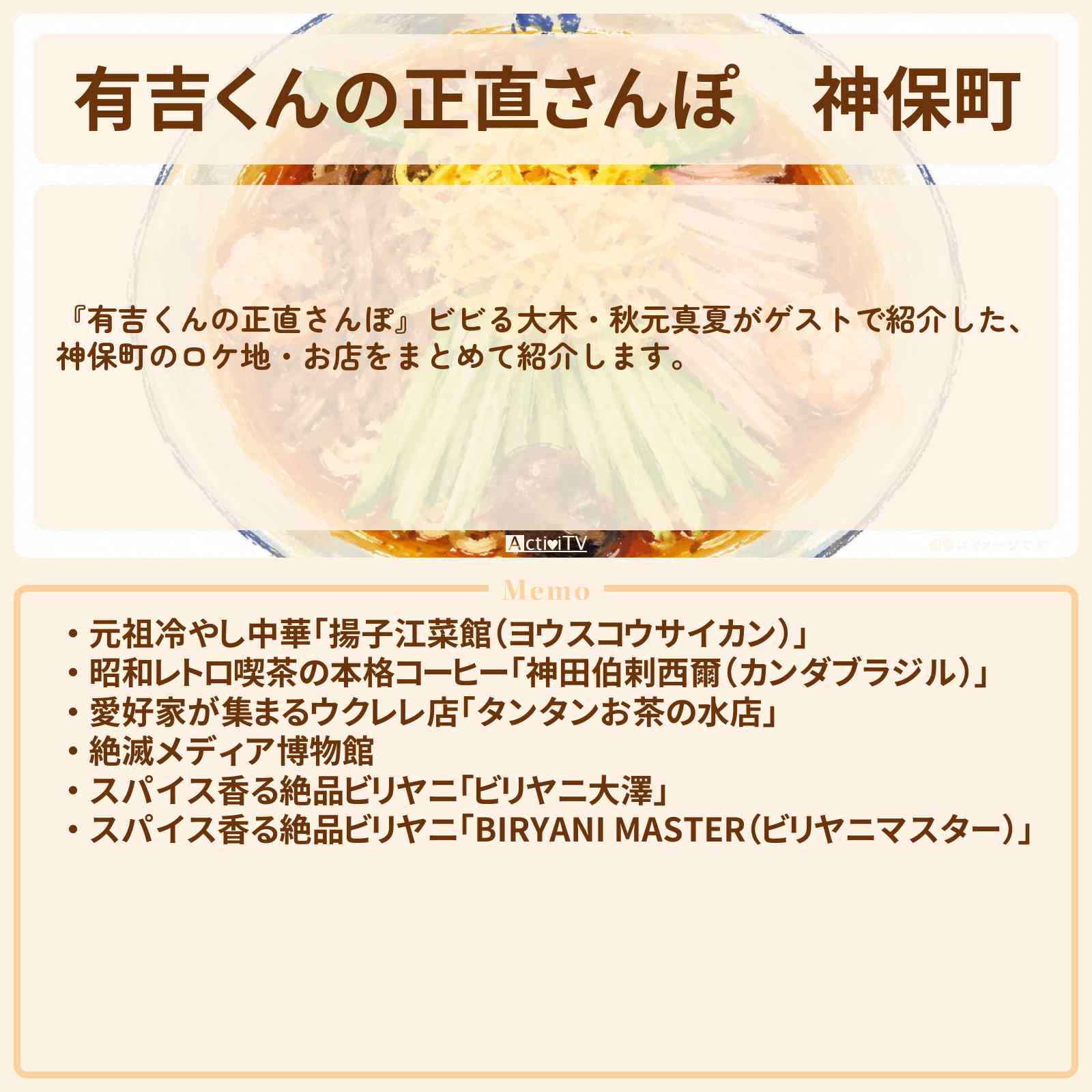 【有吉くんの正直さんぽ】神保町 番組で巡ったロケ地・お店スポットのまとめ〔ビビる大木・秋元真夏〕