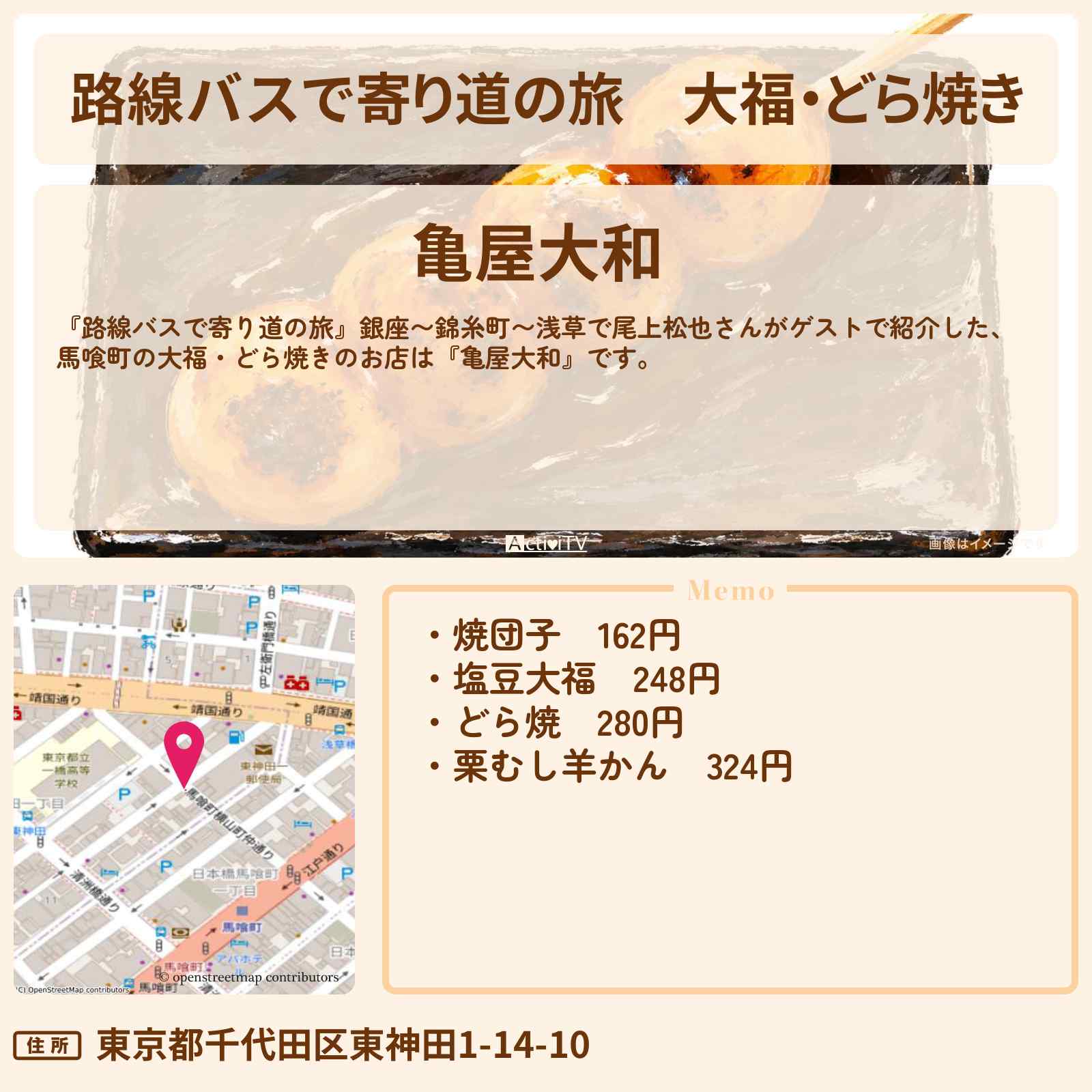 【路線バスで寄り道の旅】大福・どら焼き『亀屋大和』馬喰町の江戸時代から続く和菓子屋さんのお店の場所〔尾上松也〕