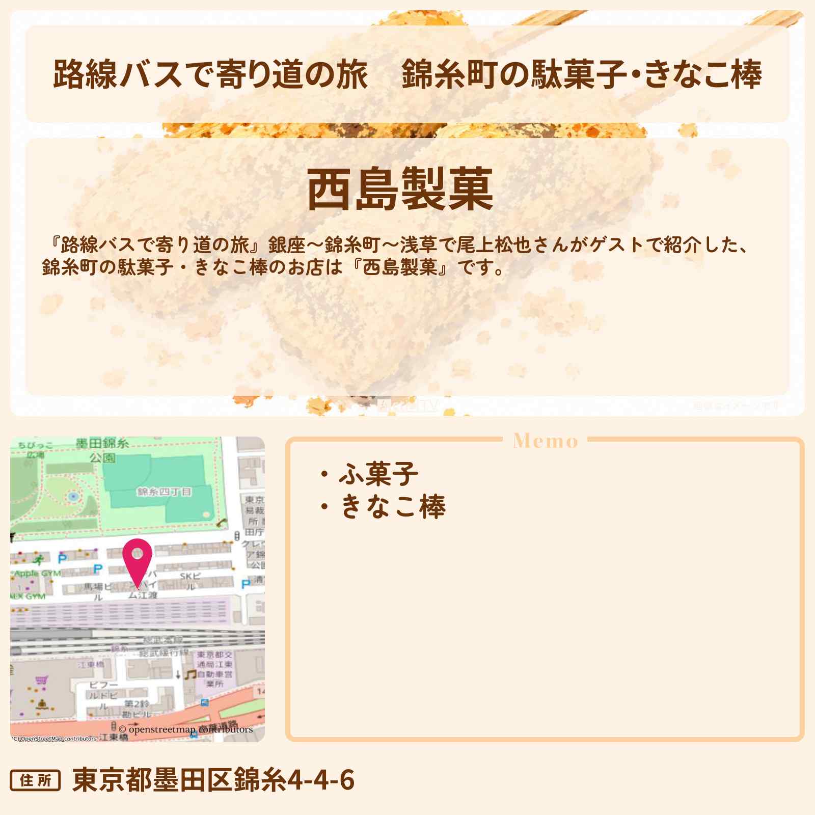 【路線バスで寄り道の旅】錦糸町の駄菓子・きなこ棒『西島製菓』のお店の場所〔尾上松也〕