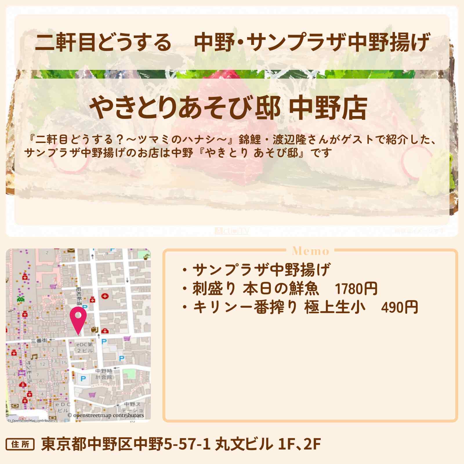 【二軒目どうする】中野・サンプラザ中野揚げ『やきとり あそび邸』お店の場所〔錦鯉・渡辺隆・ツマミのハナシ〕