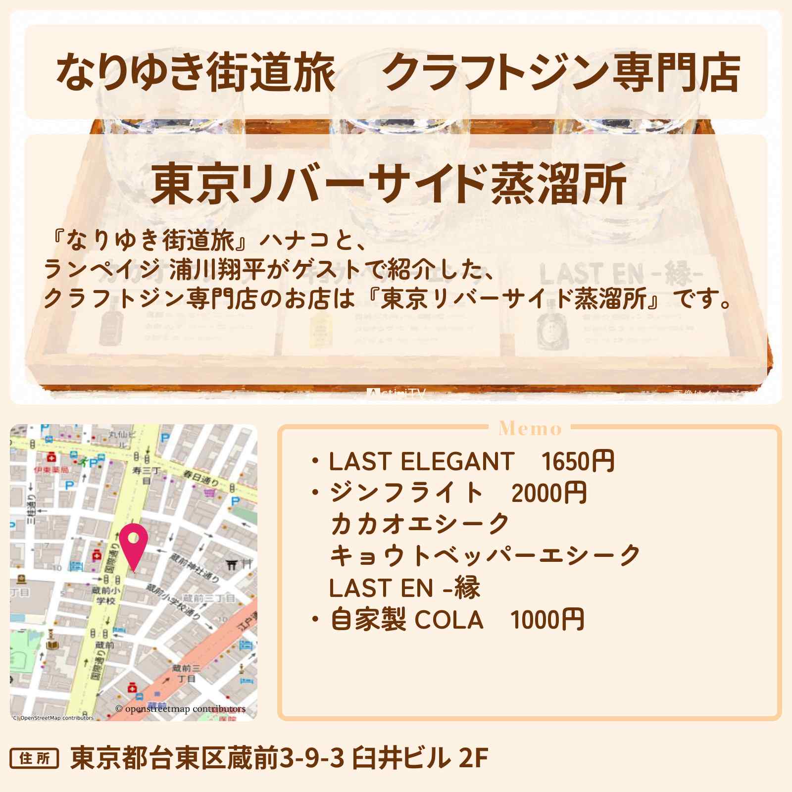 【なりゆき街道旅】クラフトジン専門店『東京リバーサイド蒸溜所』蔵前・浅草橋ロケのお店を紹介〔ランペイジ・浦川翔平〕