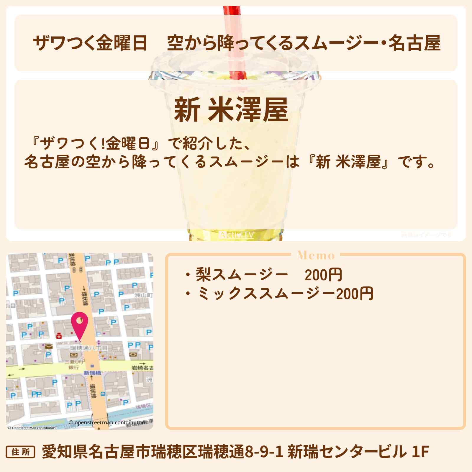 【ザワつく金曜日】空から降ってくるスムージー・名古屋『新 米澤屋』のお店の場所