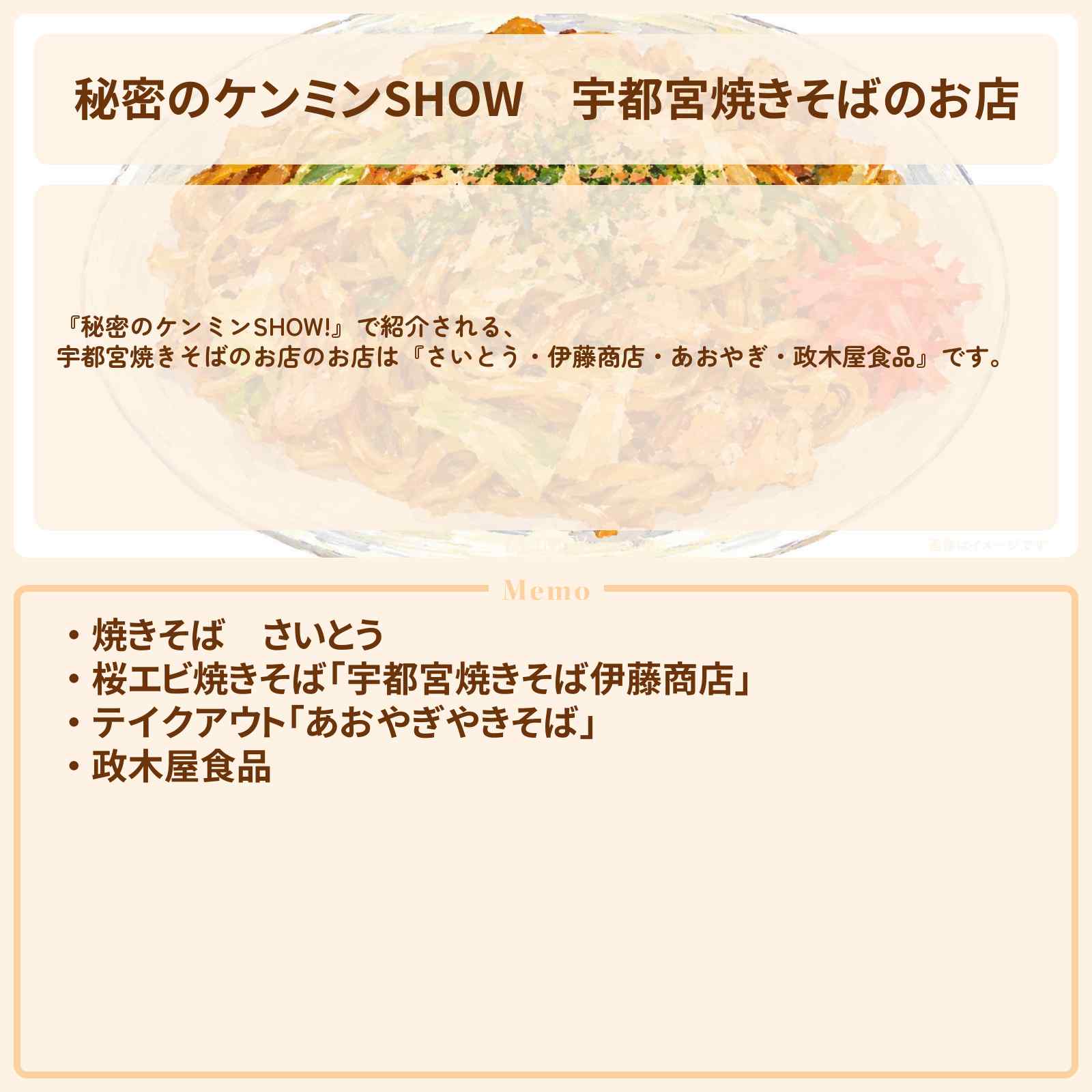 【秘密のケンミンSHOW】宇都宮焼きそばのお店『さいとう・伊藤商店・あおやぎ・政木屋食品』情報〔ケンミンショー〕